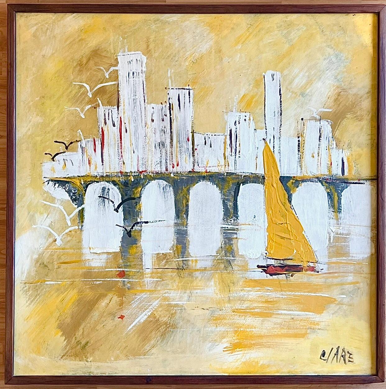60s Mid Century Modern Abstract Sailboat Nautical Jare Oil Painting Framed For Sale 4