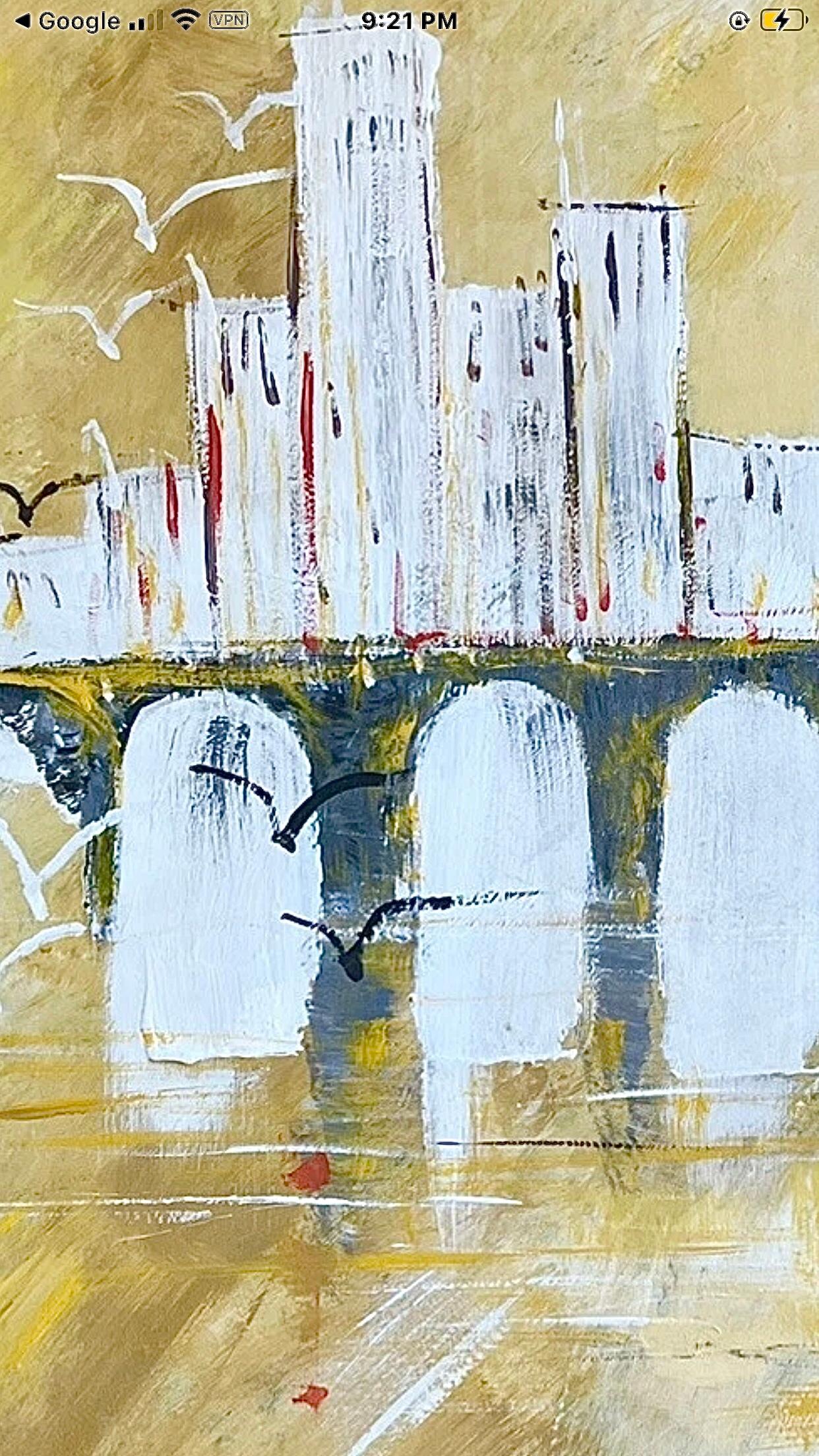Large 1960s original, framed, Jare impressionist painting on canvas of a cityscape skyline with buildings and a bridge, reflected in water. 

Palette knife thickly applied impasto painted sailboat and birds are the foreground.

It is characterized