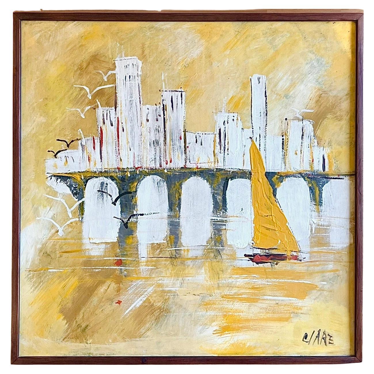 60s Mid Century Modern Abstract Sailboat Nautical Jare Oil Painting Framed For Sale