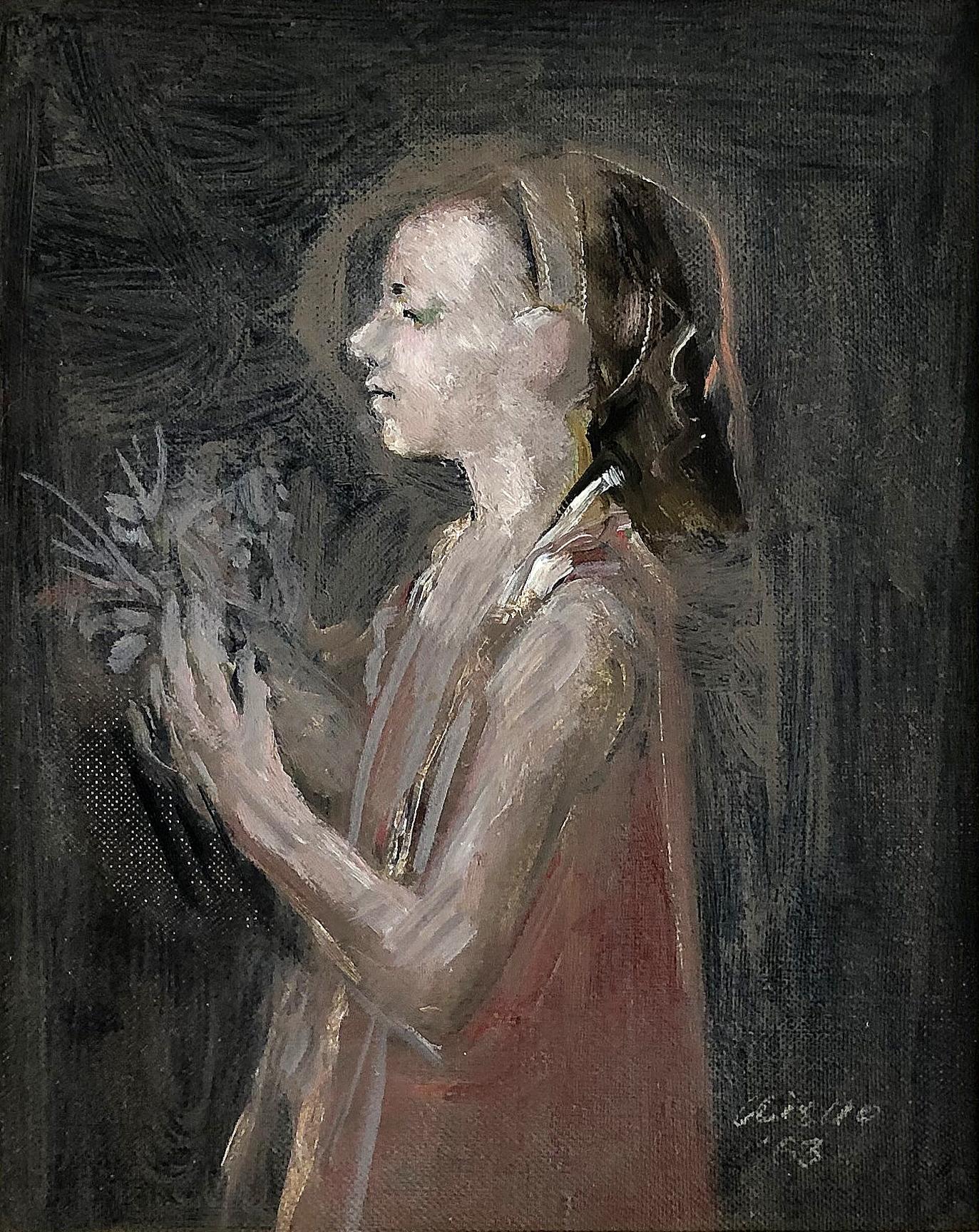 1960s Mid-Century Modern figurative oil painting, signed 

Offered for sale is a 1963 oil painting of an ethereal figure in profile. The work is delicately executed and illegibly signed in the lower right and dated 1963. The painting is displayed