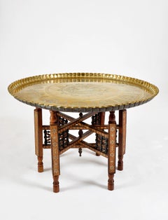 60s Middle Eastern Syrian Brass Tray Table Inlaid Folding Stand Moorish Damascus