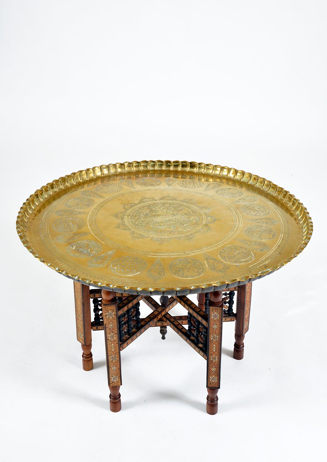 60s Middle Eastern Syrian Brass Tray Table Inlaid Folding Stand Moorish Damascus In Good Condition In Sherborne, Dorset