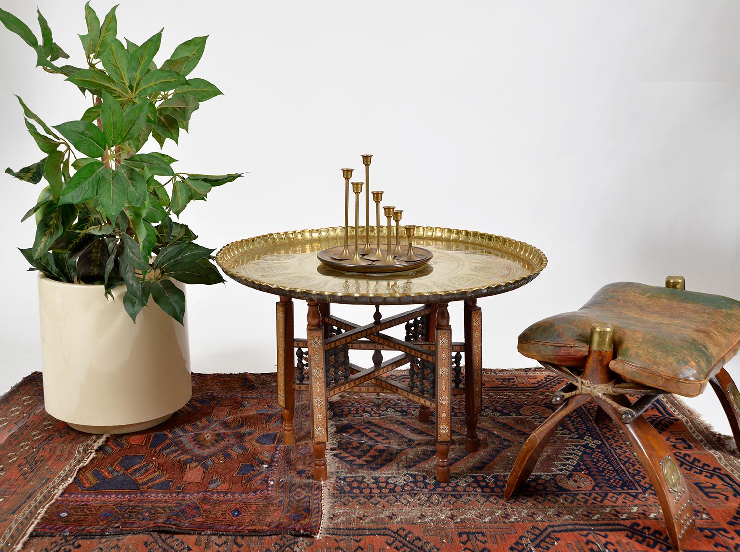 Mid-20th Century 60s Middle Eastern Syrian Brass Tray Table Inlaid Folding Stand Moorish Damascus