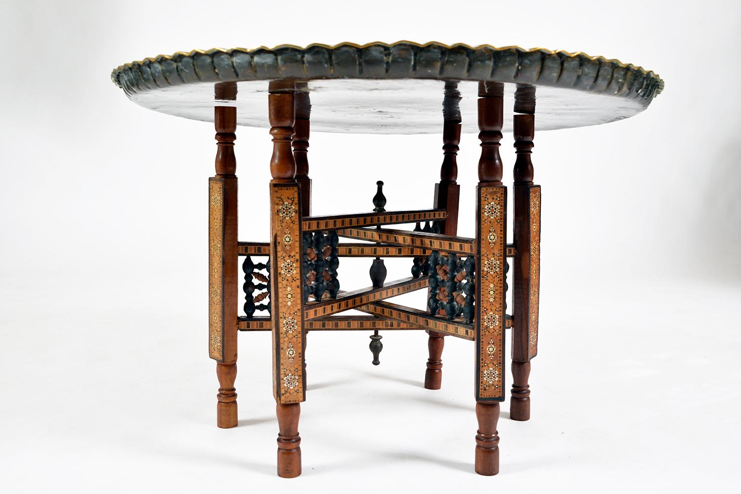 60s Middle Eastern Syrian Brass Tray Table Inlaid Folding Stand Moorish Damascus 2