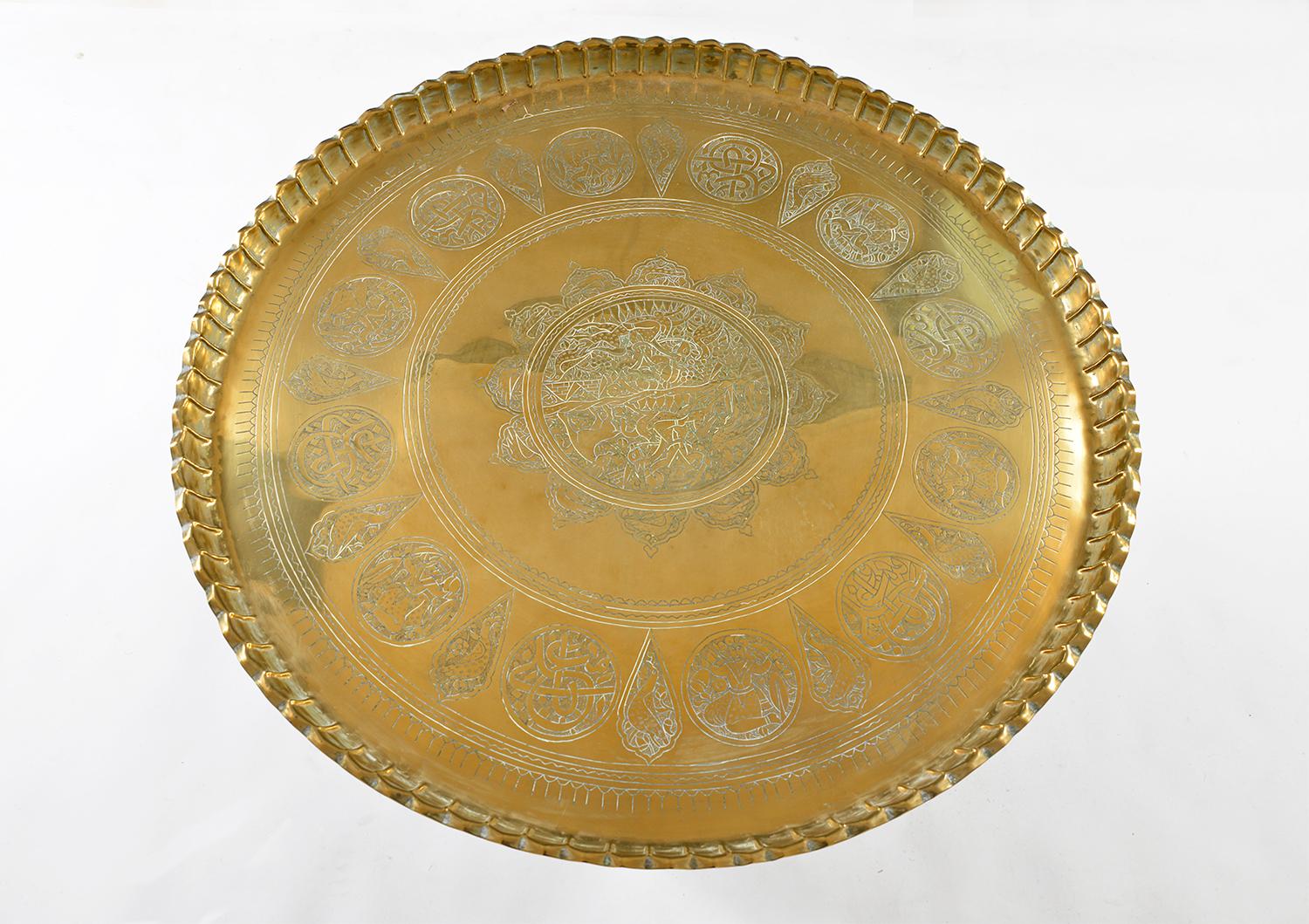 60s Middle Eastern Syrian Brass Tray Table Inlaid Folding Stand Moorish Damascus 3