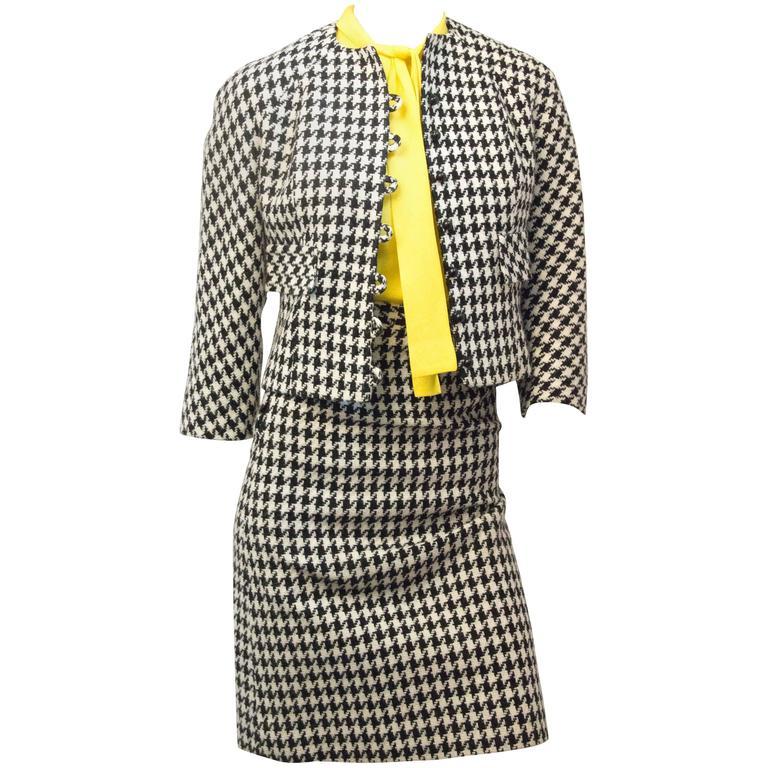 Brown 60s Mod Black & White Houndstooth Suit with Yellow Blouse  