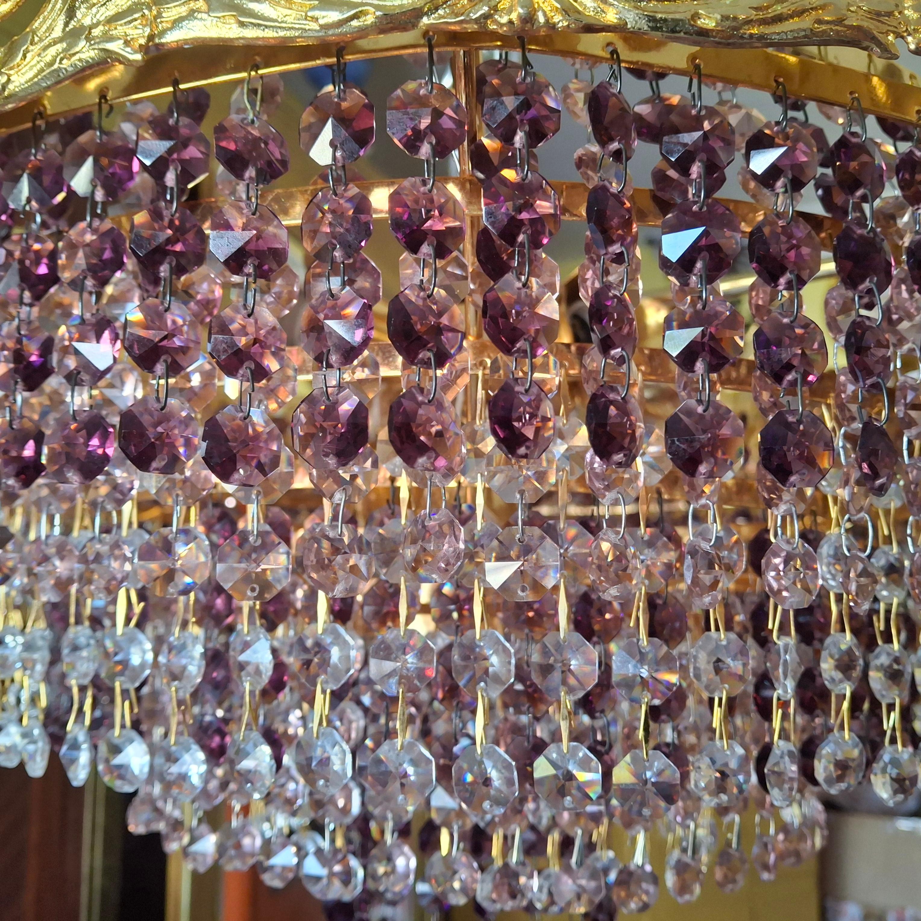 '60s Monumental Empire Gilt Bronze Amethyst Crystal Flush Mount Chandelier Palwa en vente 4