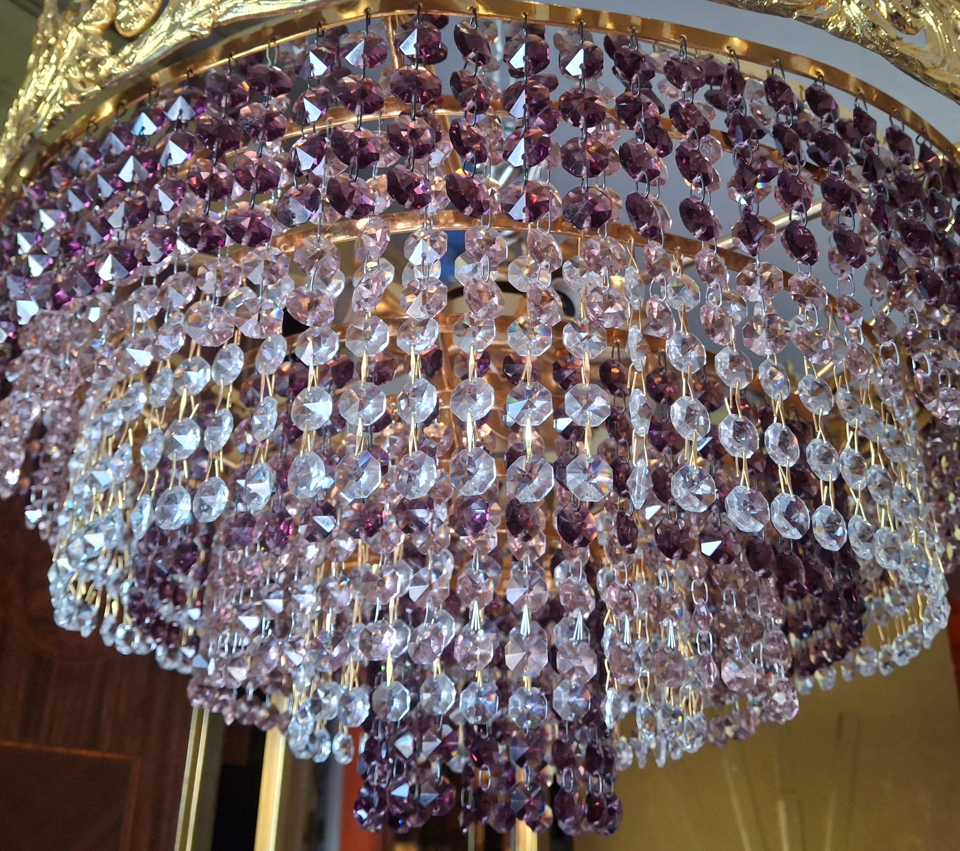 '60s Monumental Empire Gilt Bronze Amethyst Crystal Flush Mount Chandelier Palwa en vente 5