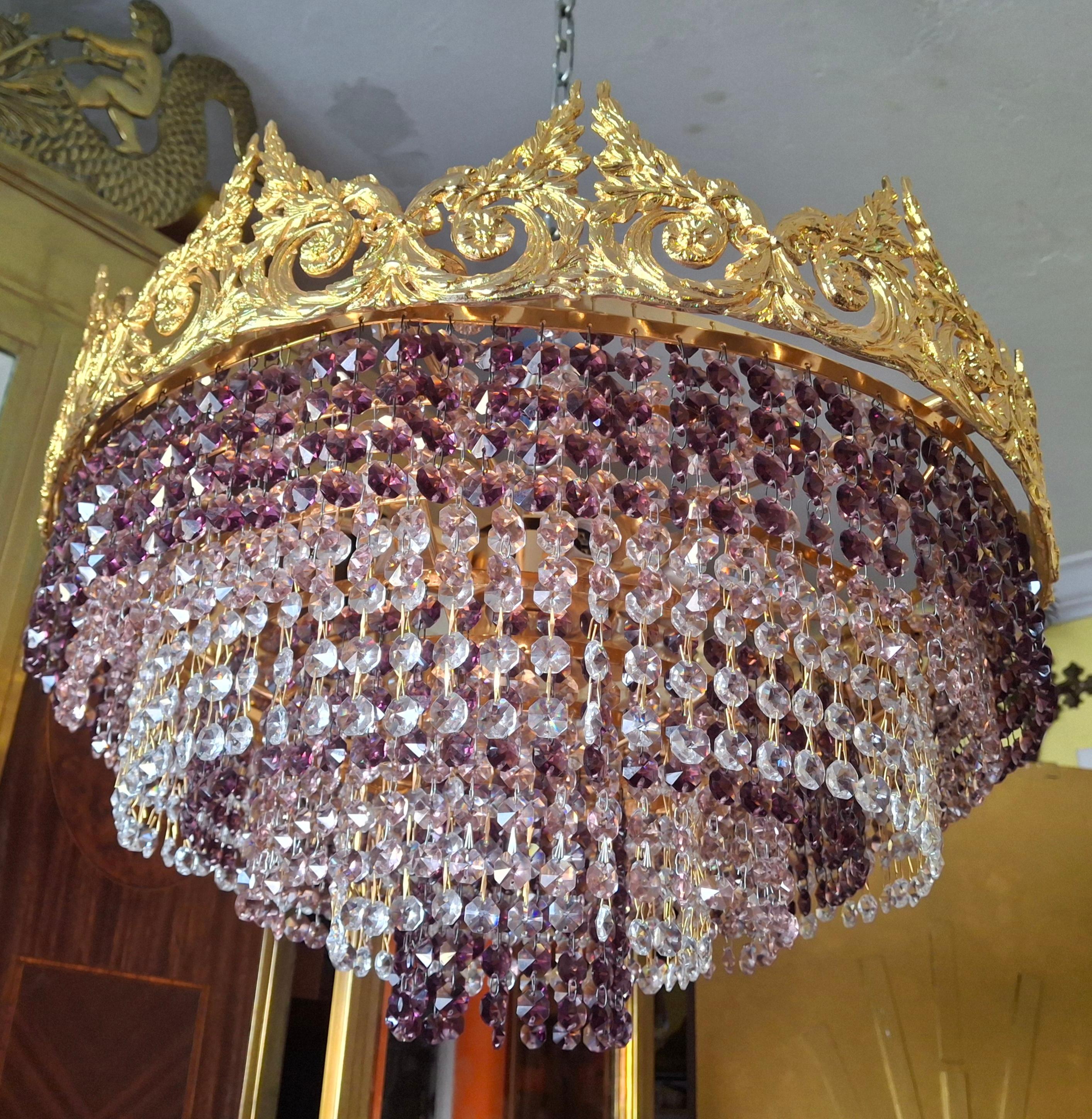 '60s Monumental Empire Gilt Bronze Amethyst Crystal Flush Mount Chandelier Palwa en vente 6