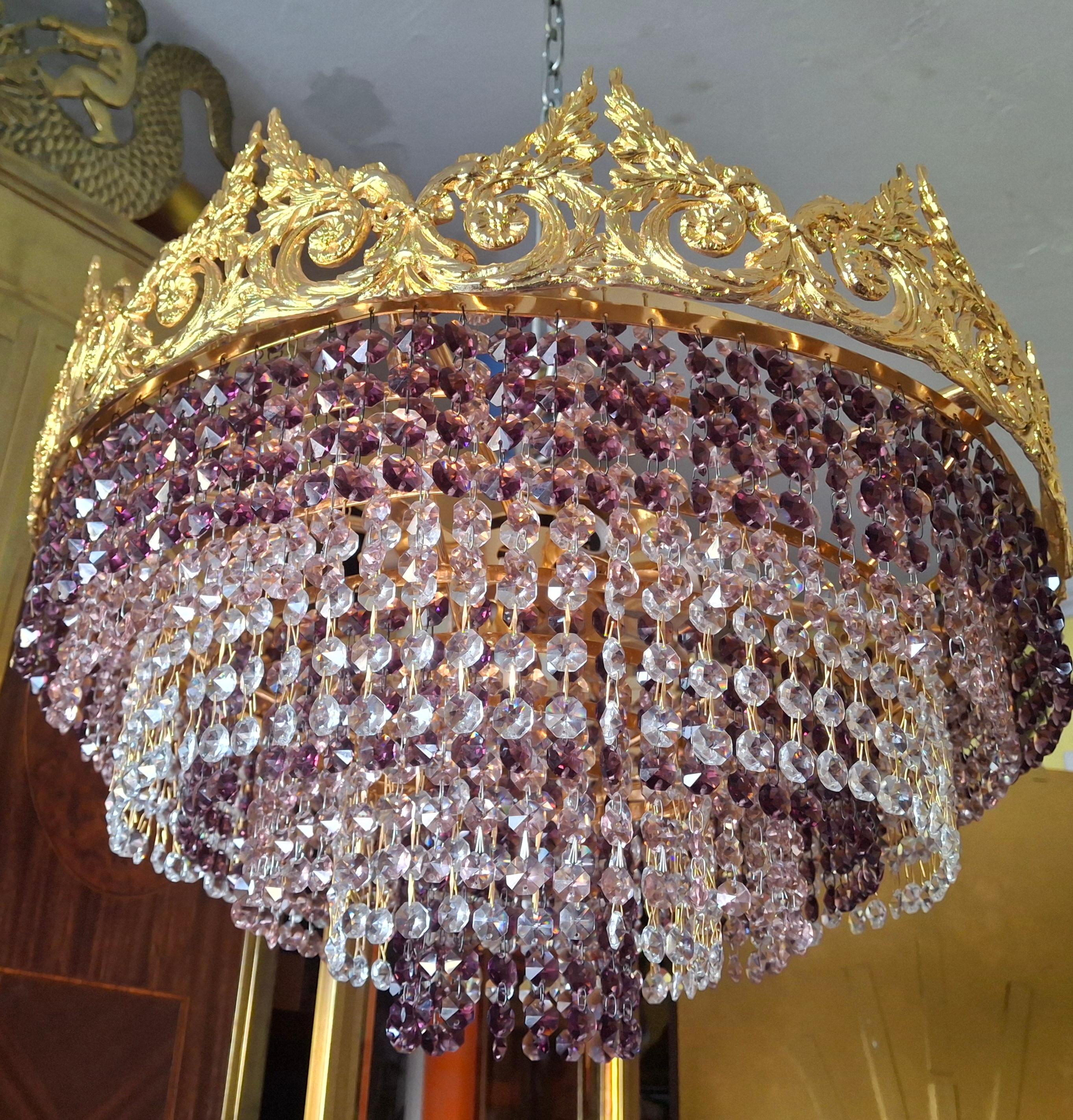 '60s Monumental Empire Gilt Bronze Amethyst Crystal Flush Mount Chandelier Palwa en vente 7
