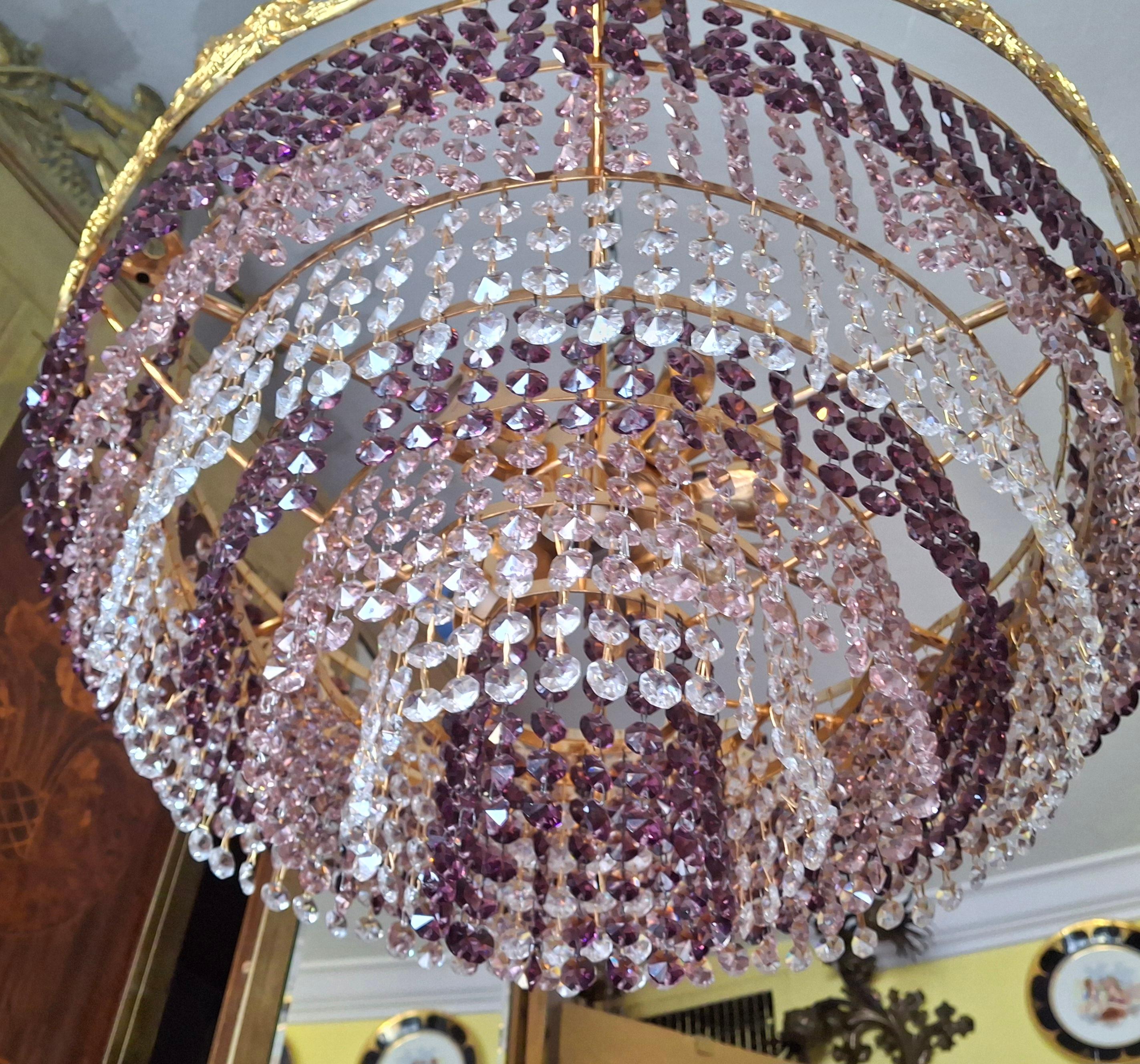 '60s Monumental Empire Gilt Bronze Amethyst Crystal Flush Mount Chandelier Palwa en vente 8