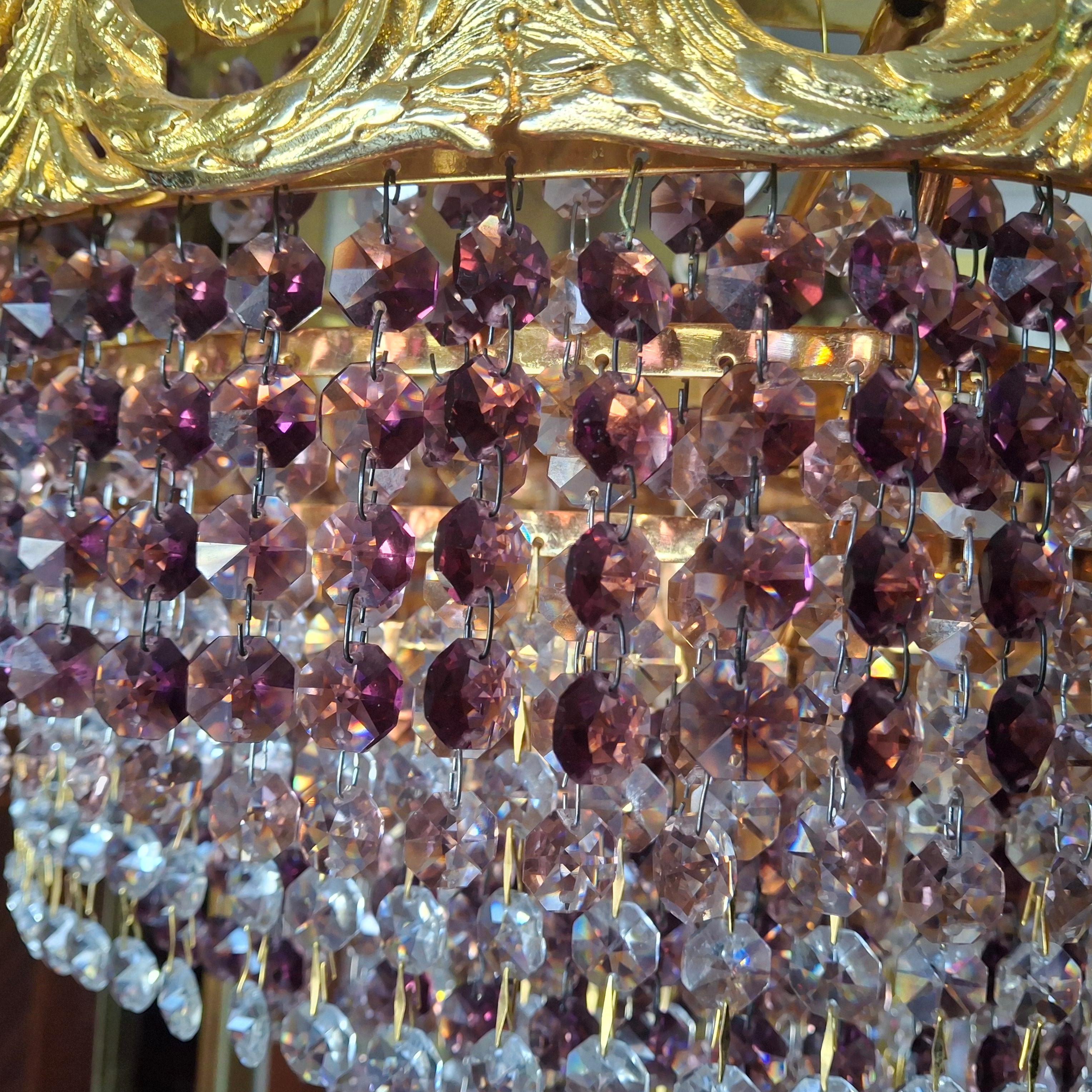 '60s Monumental Empire Gilt Bronze Amethyst Crystal Flush Mount Chandelier Palwa en vente 11