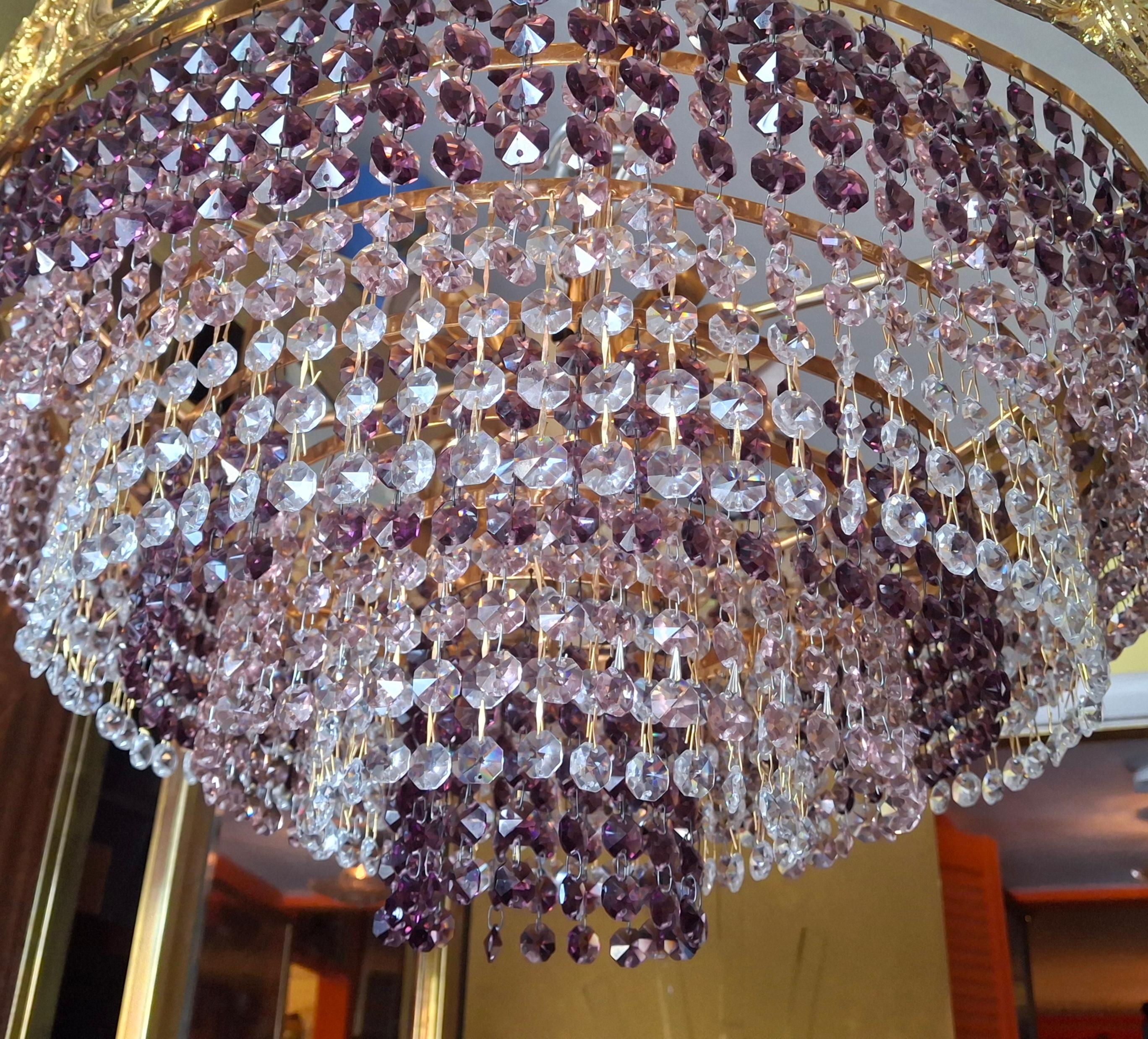 '60s Monumental Empire Gilt Bronze Amethyst Crystal Flush Mount Chandelier Palwa en vente 12