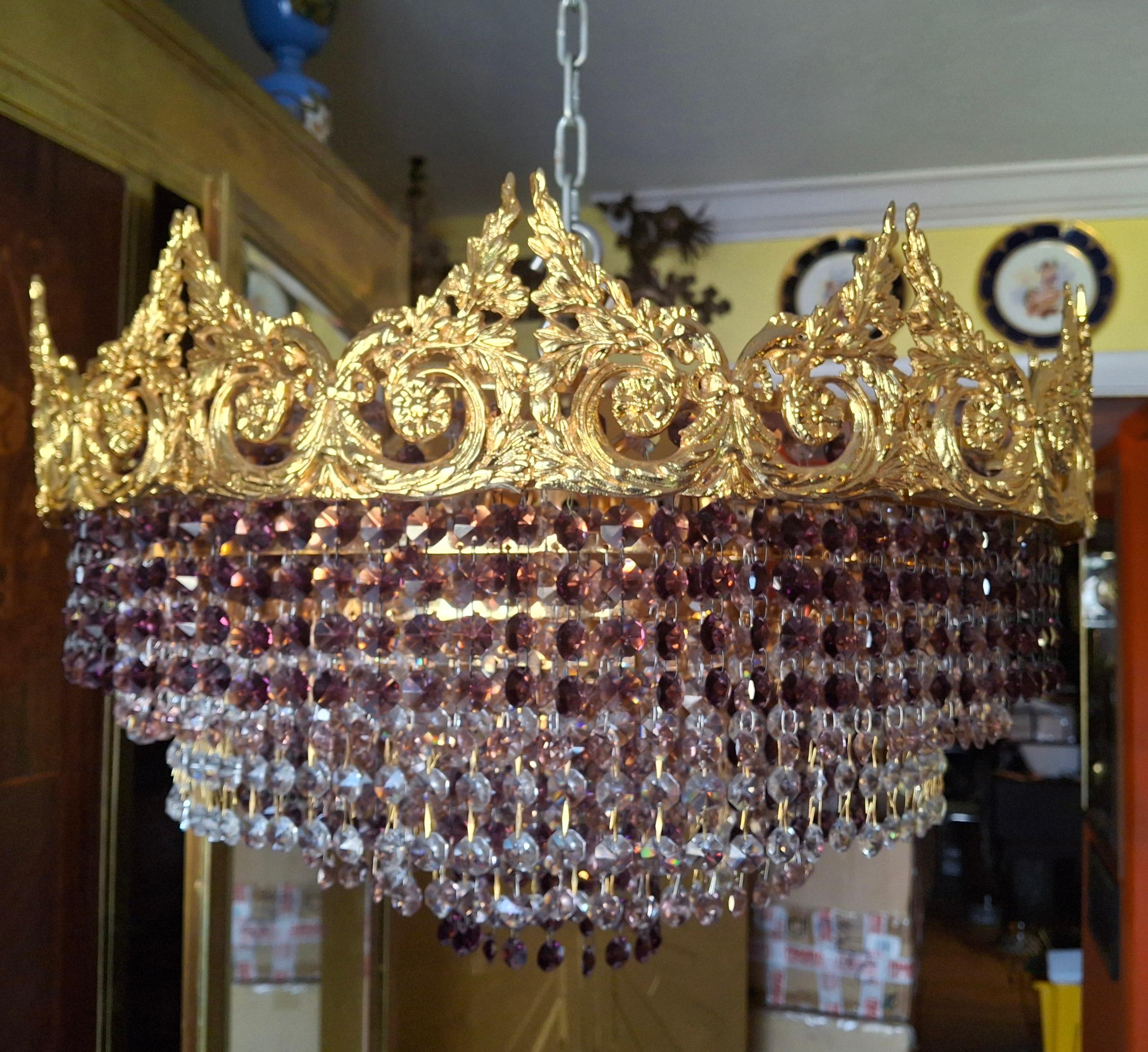 Autrichien '60s Monumental Empire Gilt Bronze Amethyst Crystal Flush Mount Chandelier Palwa en vente