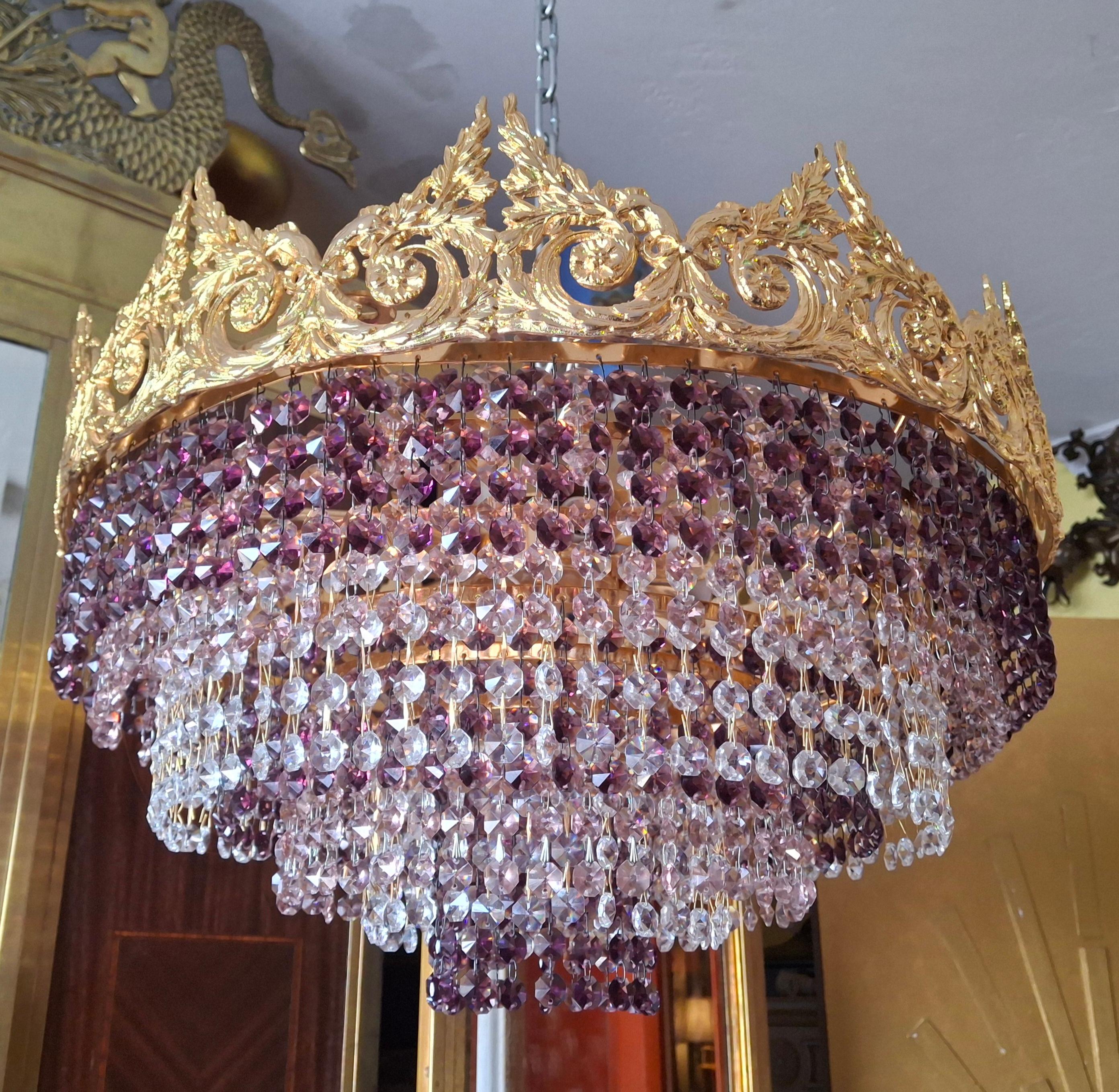 Doré '60s Monumental Empire Gilt Bronze Amethyst Crystal Flush Mount Chandelier Palwa en vente