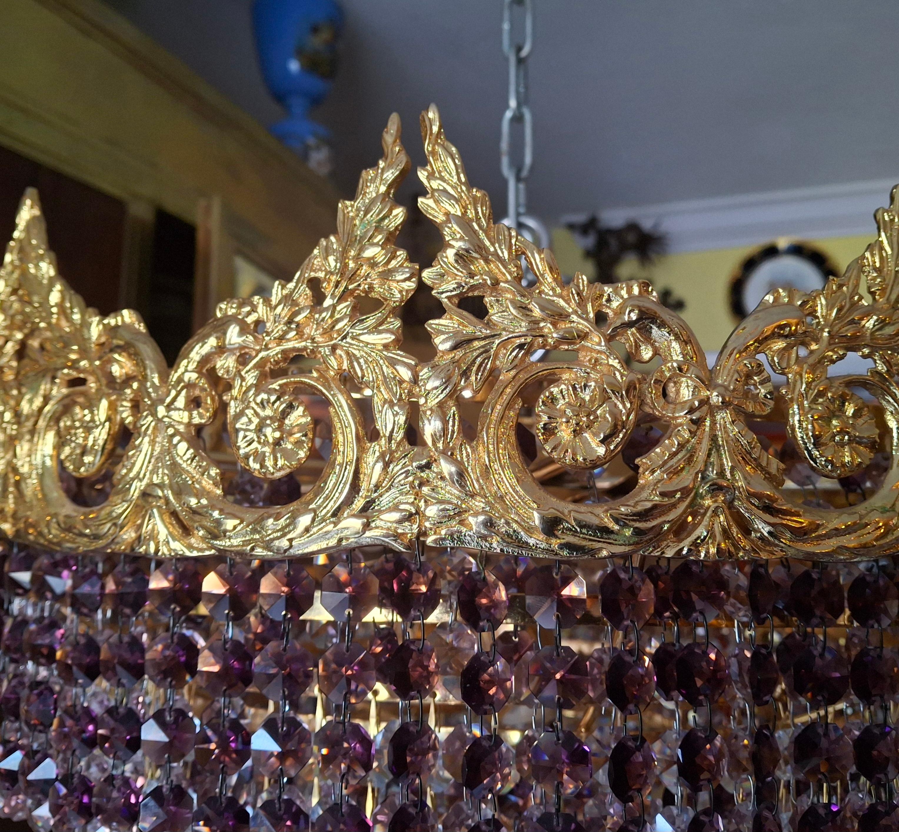 '60s Monumental Empire Gilt Bronze Amethyst Crystal Flush Mount Chandelier Palwa Bon état - En vente à Opa Locka, FL