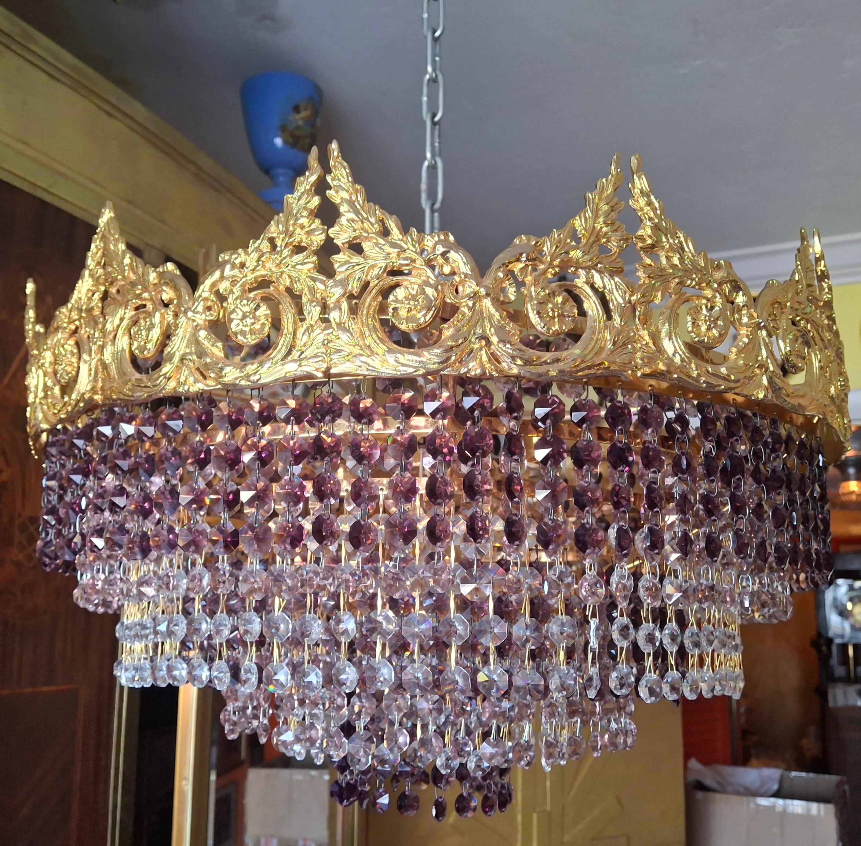 Milieu du XXe siècle '60s Monumental Empire Gilt Bronze Amethyst Crystal Flush Mount Chandelier Palwa en vente