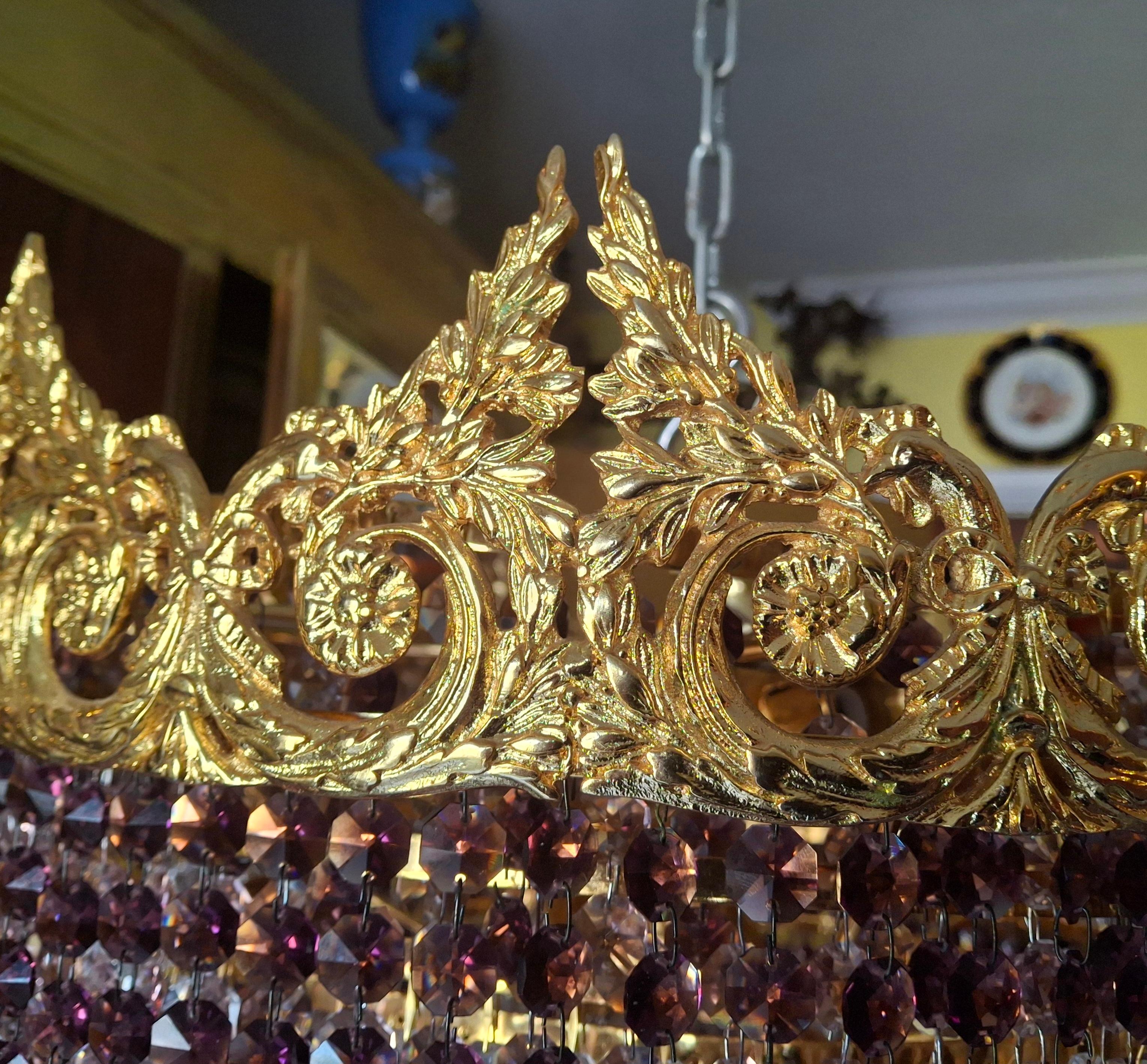 '60s Monumental Empire Gilt Bronze Amethyst Crystal Flush Mount Chandelier Palwa en vente 1
