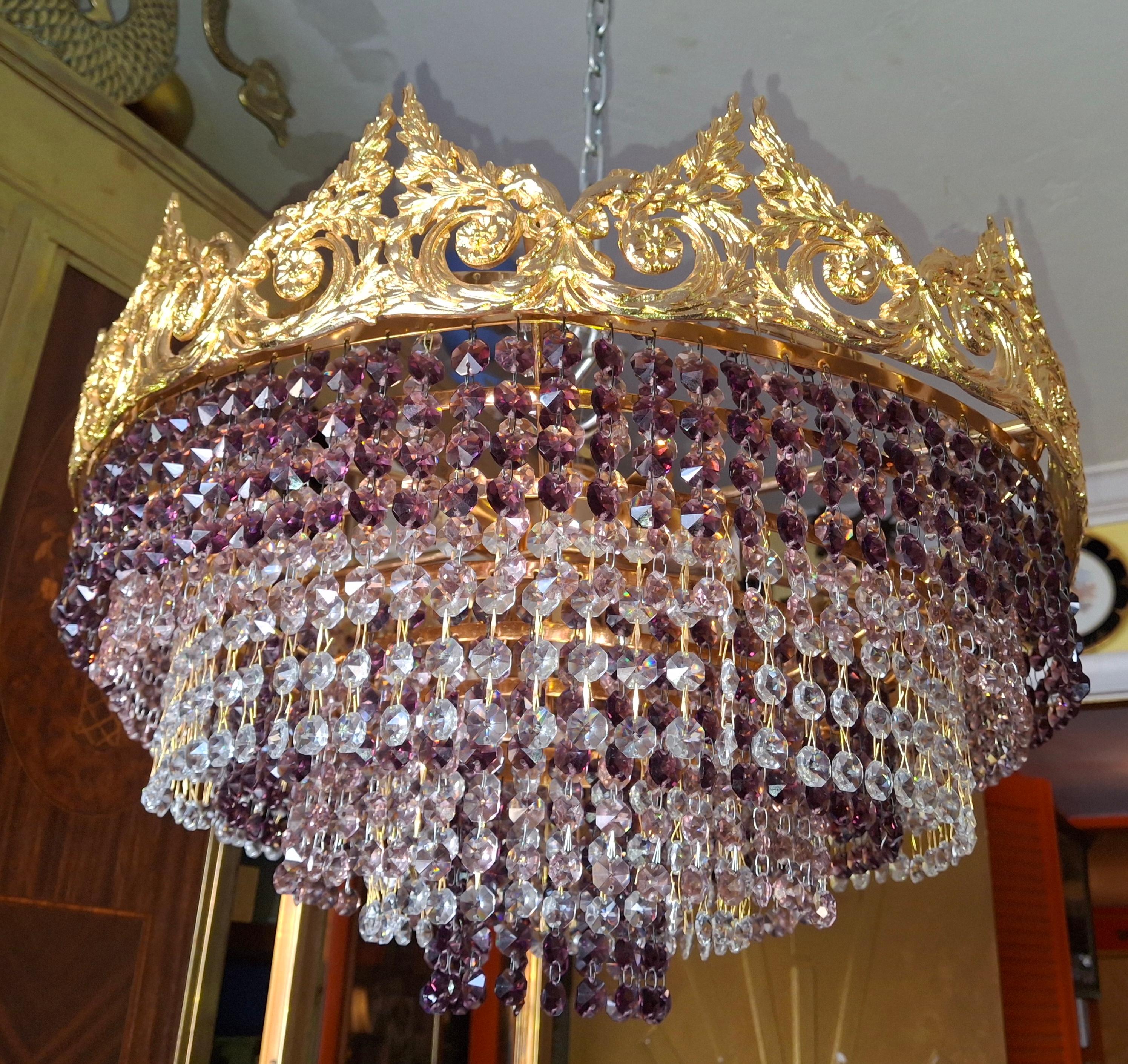 '60s Monumental Empire Gilt Bronze Amethyst Crystal Flush Mount Chandelier Palwa en vente 2