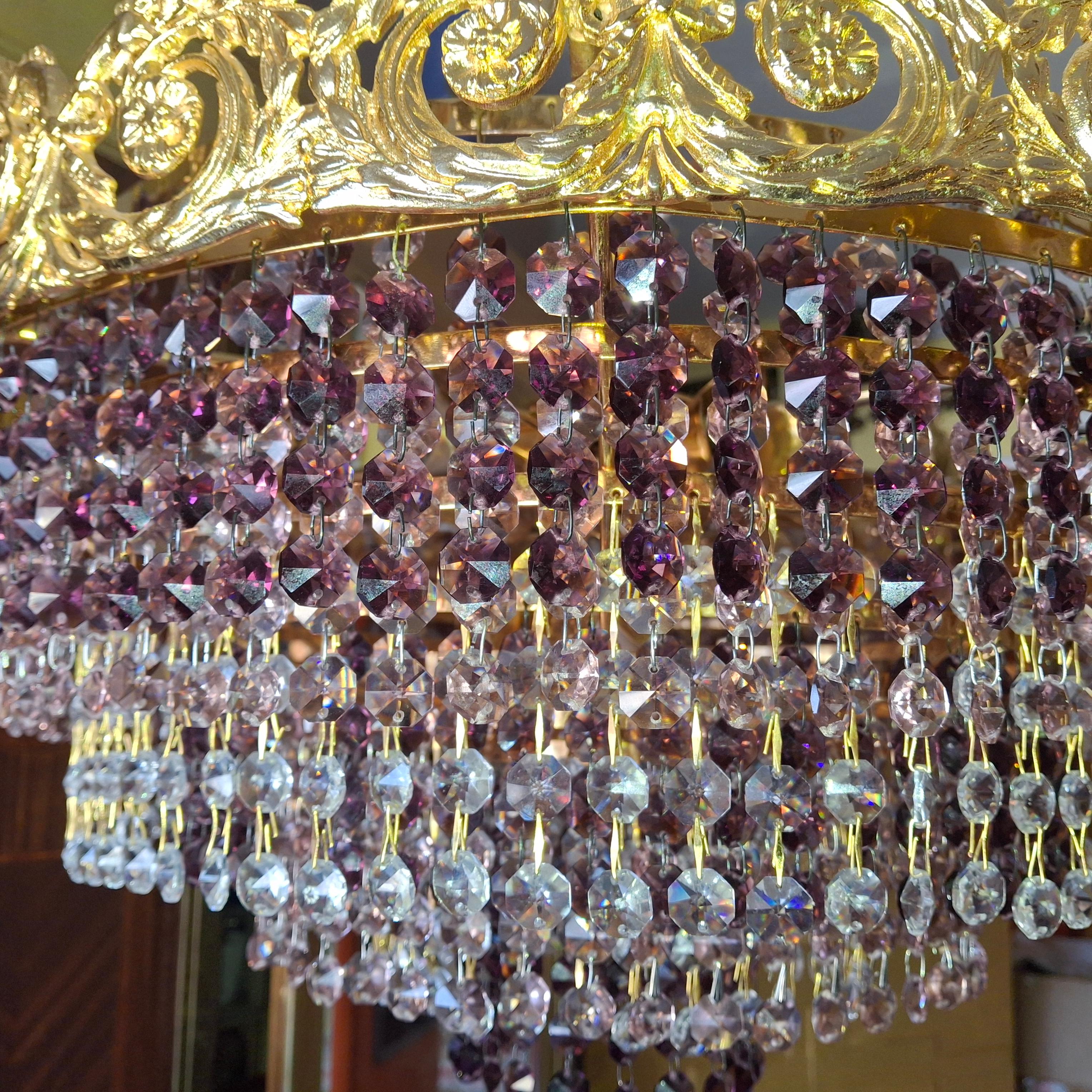 '60s Monumental Empire Gilt Bronze Amethyst Crystal Flush Mount Chandelier Palwa en vente 3