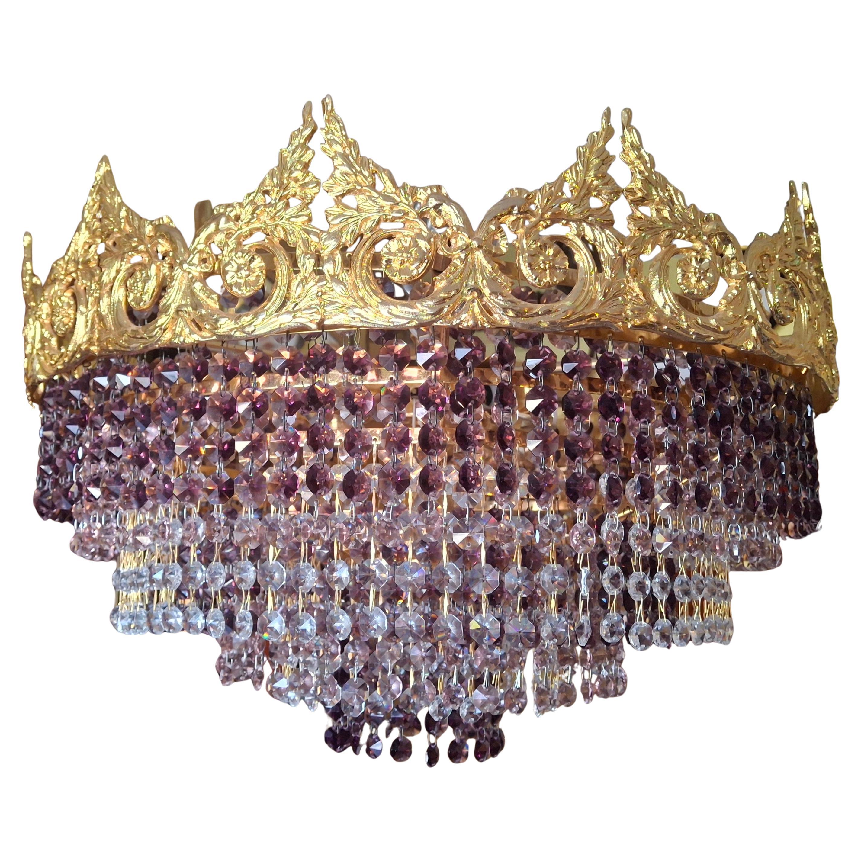 
60s Monumental Empire Gilt Bronze Amethyst Crystal Flush Mount Chandelier Palwa en vente