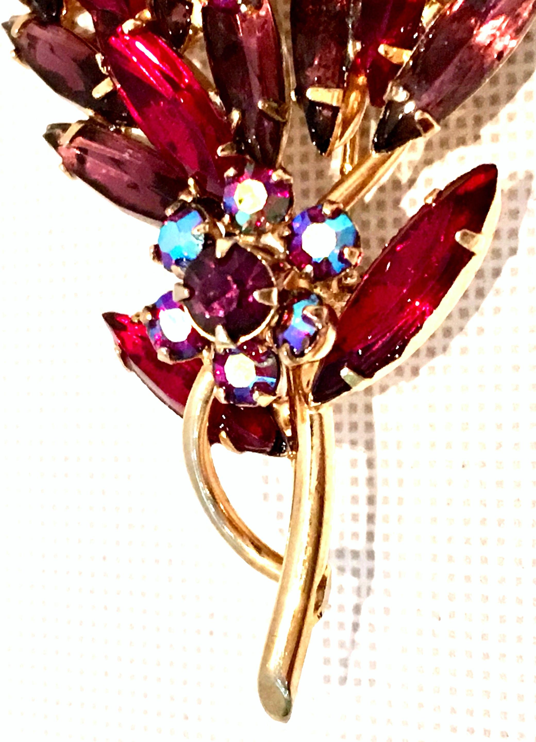 60'S Monumental Gold & Austrian Crystal Large Dimensional Floral Brooch For Sale 6