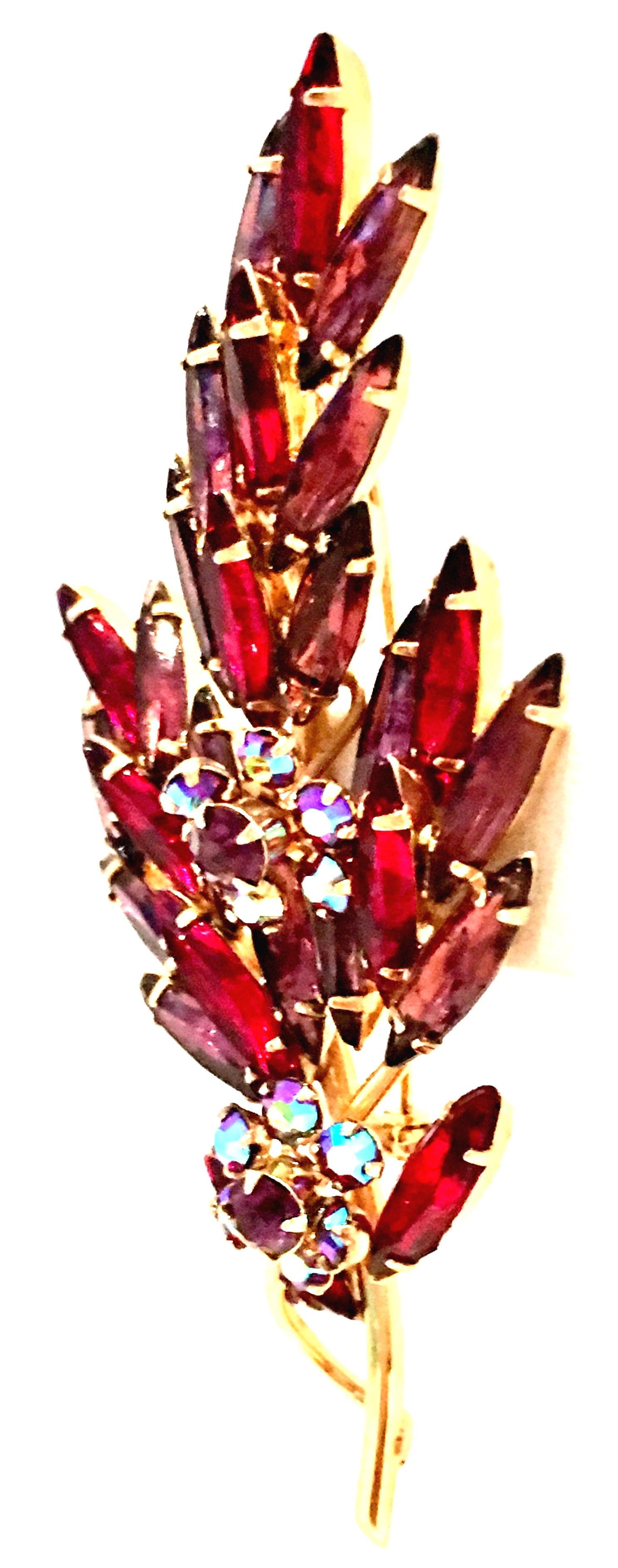 Women's or Men's 60'S Monumental Gold & Austrian Crystal Large Dimensional Floral Brooch For Sale