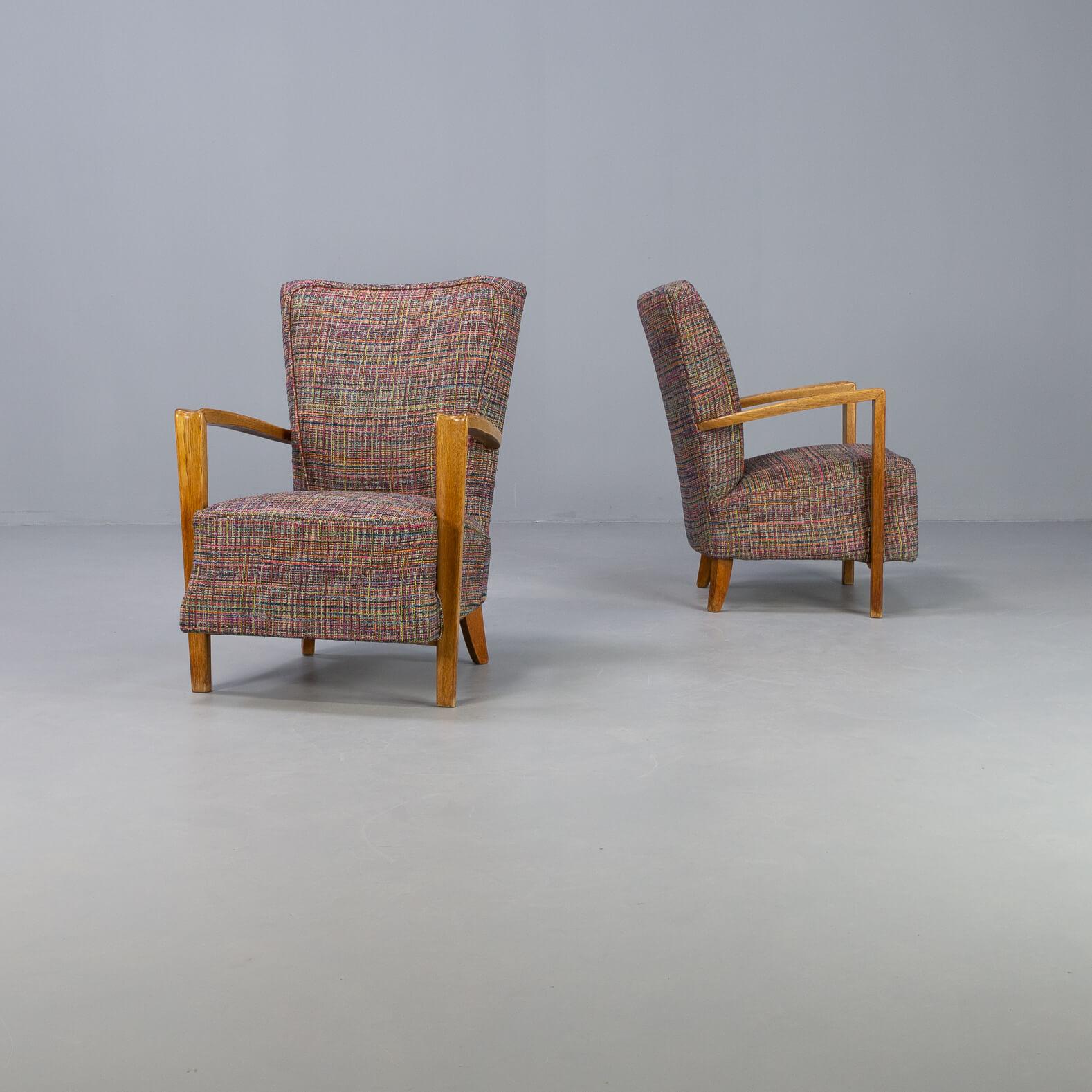 Mid-Century Modern 60s Oak Armchair New Upholstered Set/2