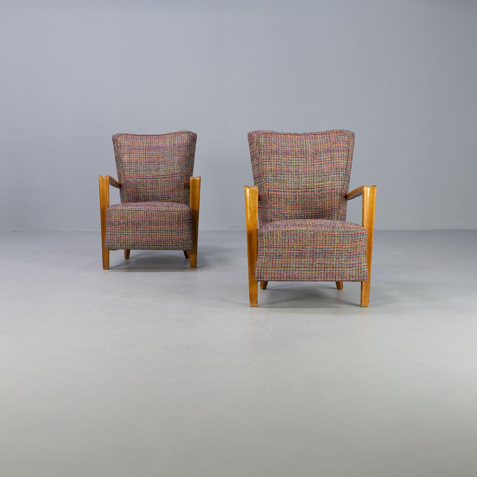 60s Oak Armchair New Upholstered Set/2 In Excellent Condition In Amstelveen, Noord