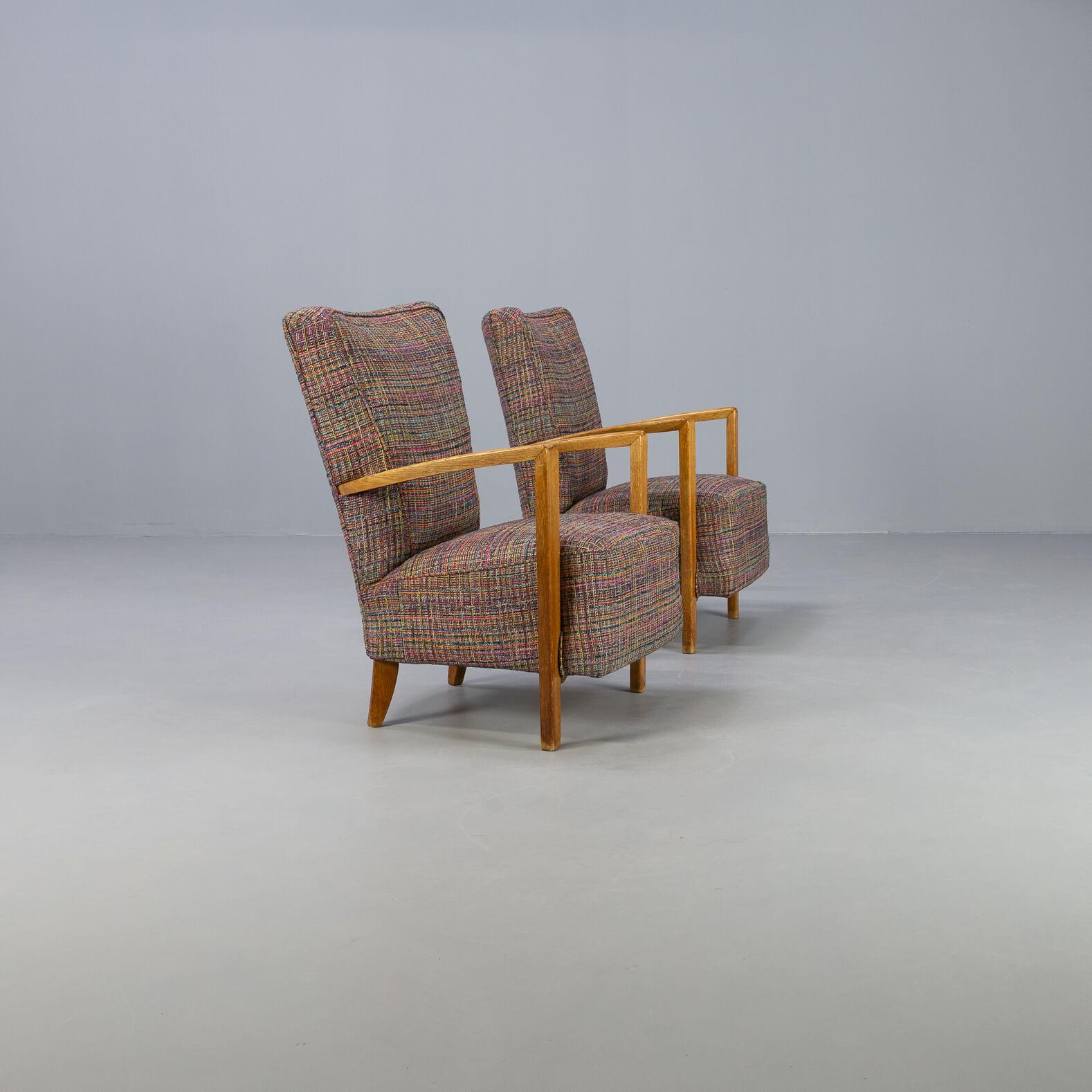20th Century 60s Oak Armchair New Upholstered Set/2