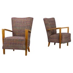60s Oak Armchair New Upholstered Set/2