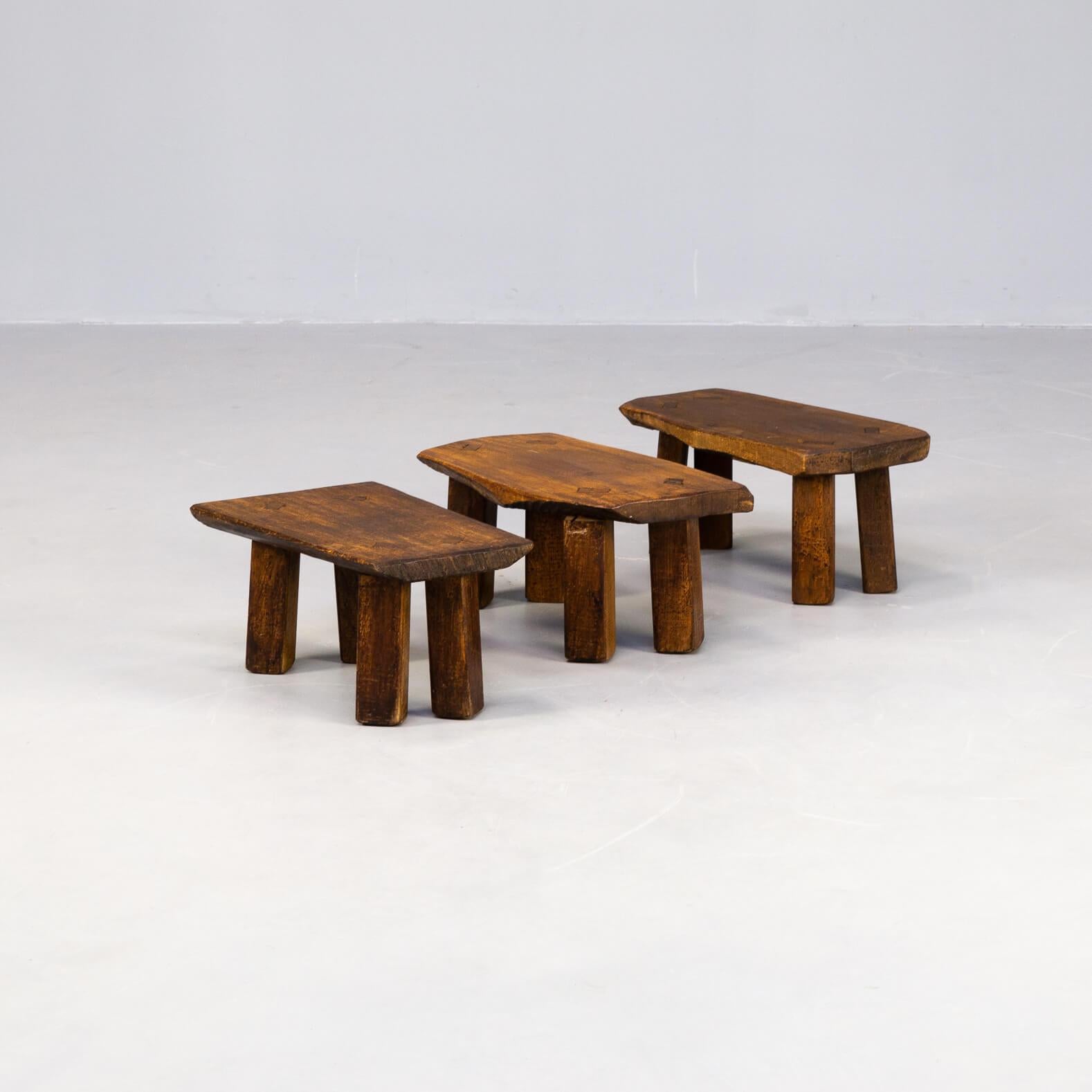 French 60s Oak Brutalist Sidetable Set/3 For Sale