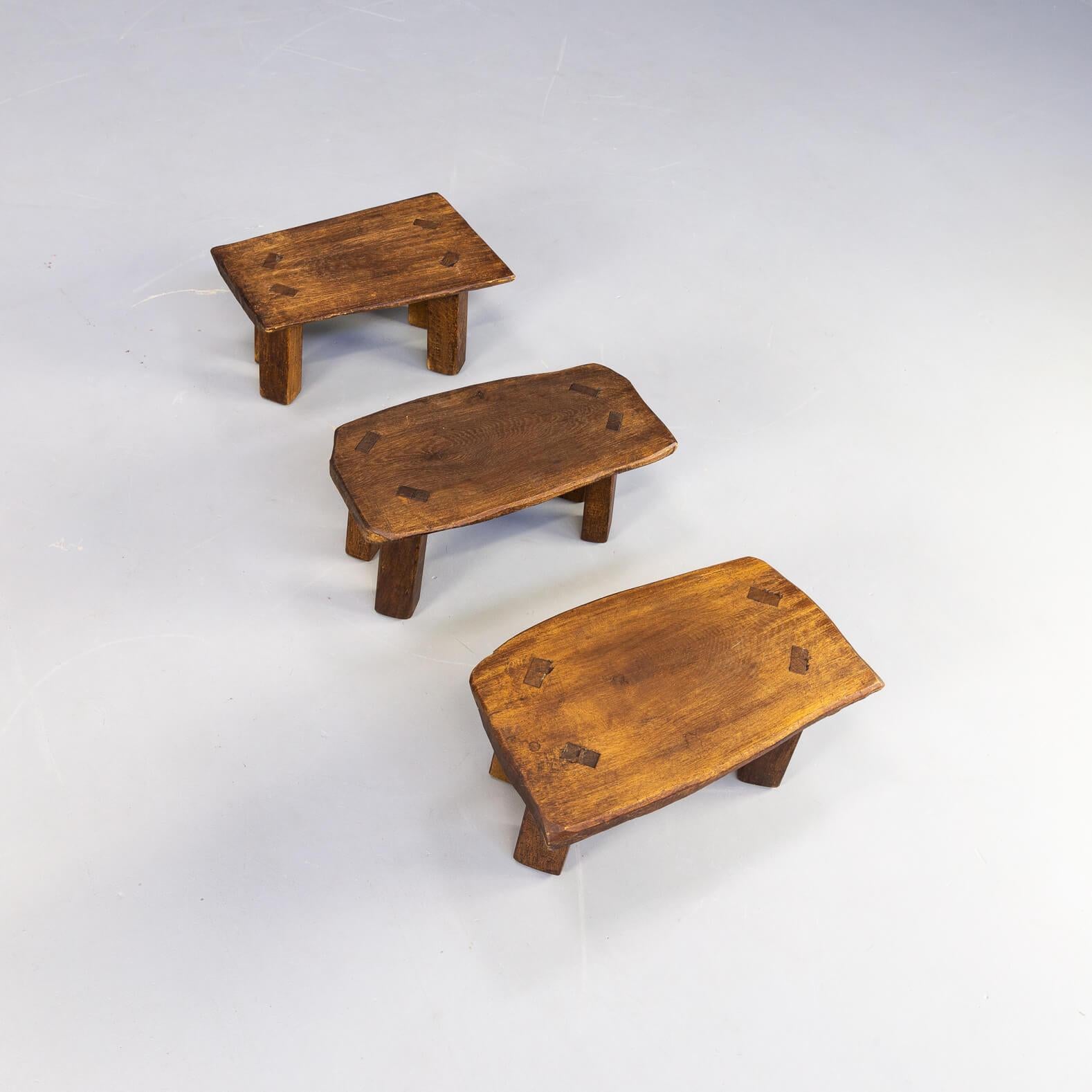 60s Oak Brutalist Sidetable Set/3 For Sale 1