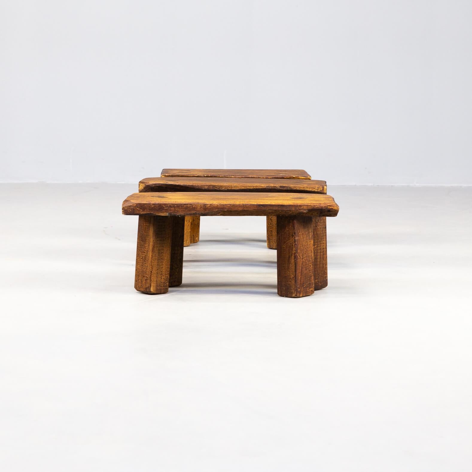 60s Oak Brutalist Sidetable Set/3 For Sale 2