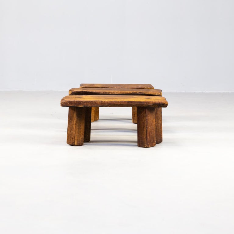 60s Oak Brutalist Sidetable Set/3 For Sale at 1stDibs