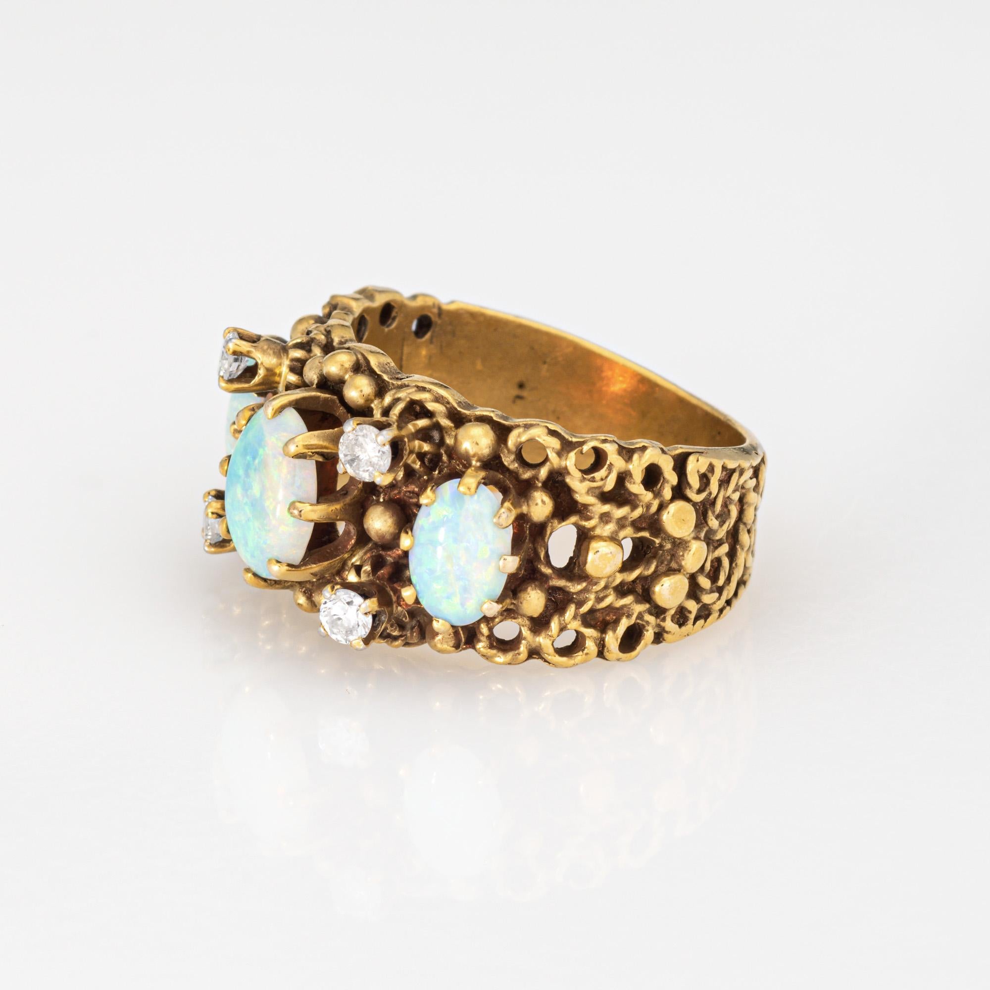 Taille cabochon 60s Opal Diamond Band Ornate Vintage 14k Yellow Gold Ring Sz 4.5 Estate Jewelry en vente