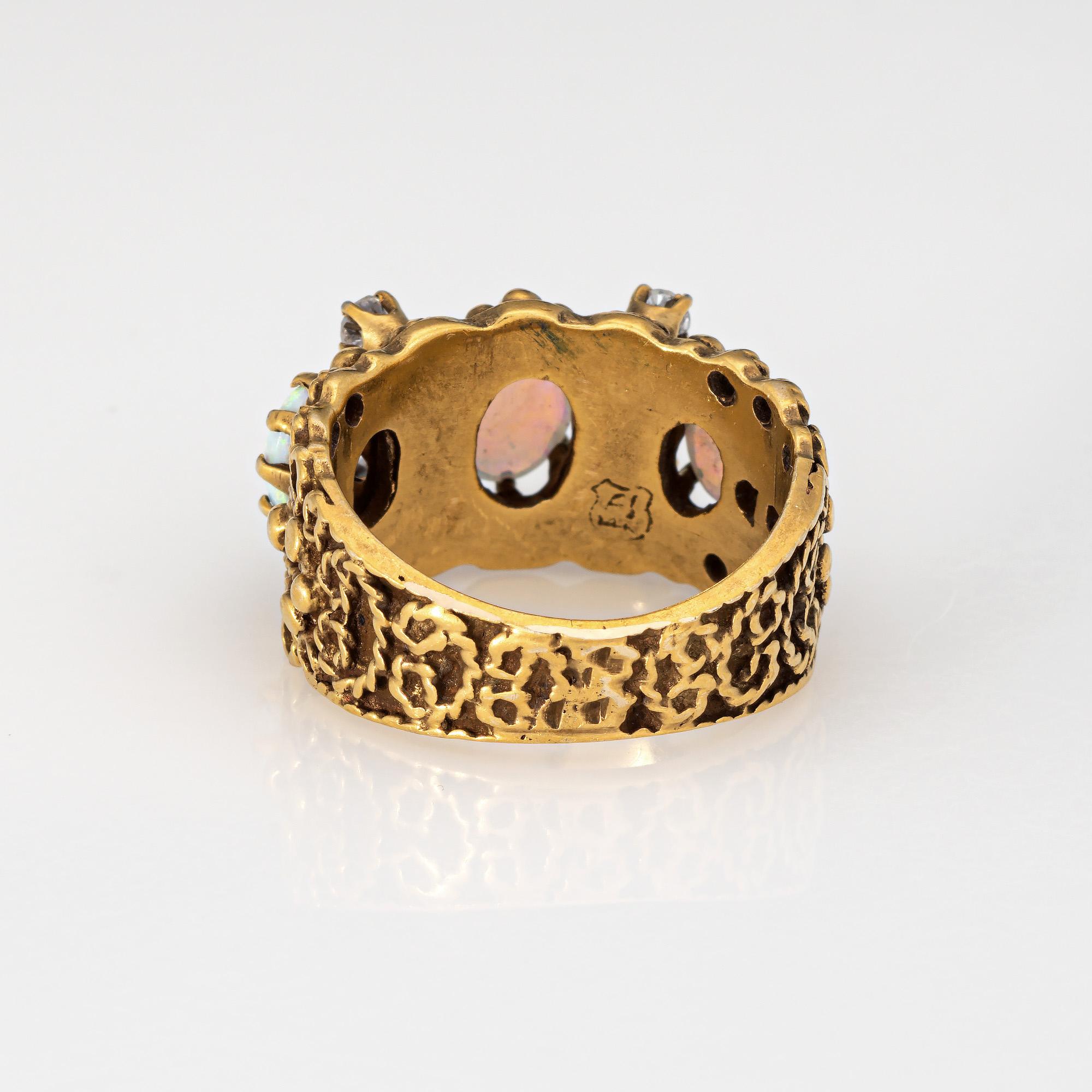 60s Opal Diamond Band Ornate Vintage 14k Yellow Gold Ring Sz 4.5 Estate Jewelry Bon état - En vente à Torrance, CA