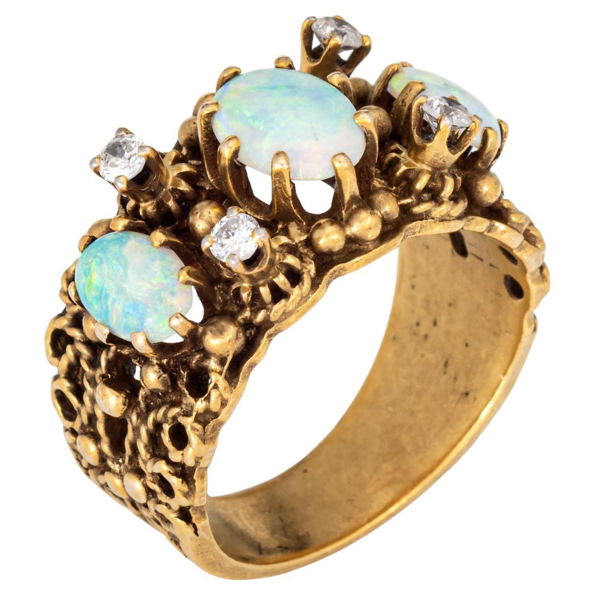 60s Opal Diamond Band Ornate Vintage 14k Yellow Gold Ring Sz 4.5 Estate Jewelry