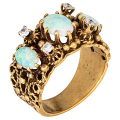 60s Opal Diamond Band Ornate Vintage 14k Yellow Gold Ring Sz 4.5 Estate Jewelry
