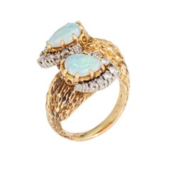 60s Opal Diamond Ring Toi et Moi Vintage 18k Yellow Gold Sz 4 Fine Jewelry
