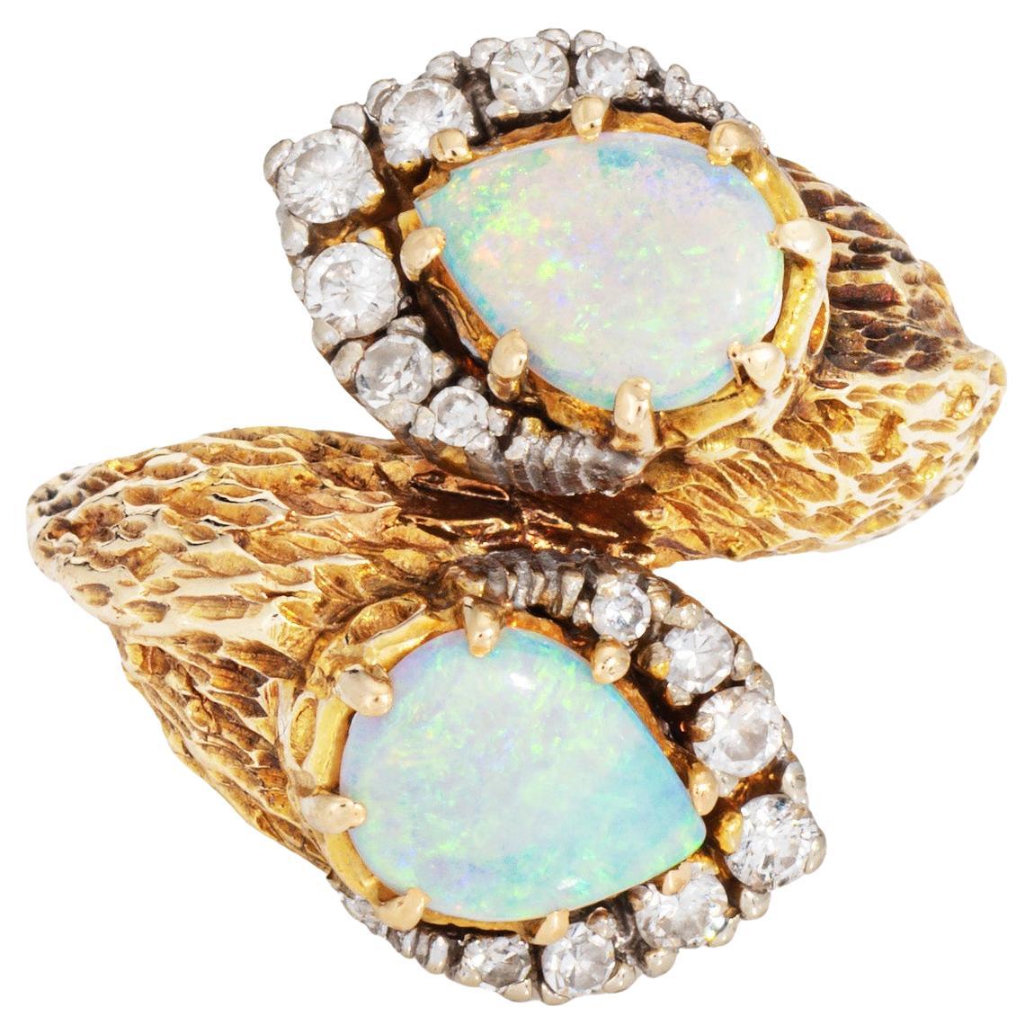 60s Opal Diamond Ring Toi et Moi Vintage 18k Yellow Gold Sz 4 Fine Jewelry