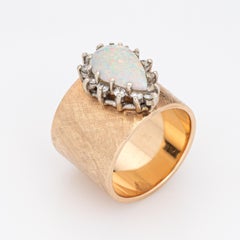 60s Opal Diamond Wide Band Ring Vintage 14k Yellow Gold Cigar Jewelry