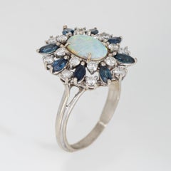 60s Opal Sapphire Diamond Ring 14k White Gold Estate Fine Cocktail Jewelry