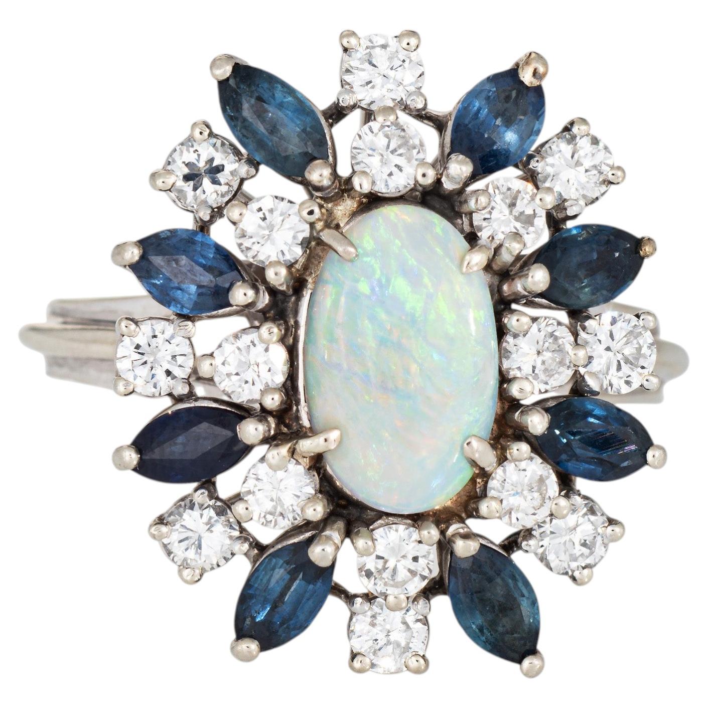 60s Opal Sapphire Diamond Ring 14k White Gold Estate Fine Cocktail Jewelry