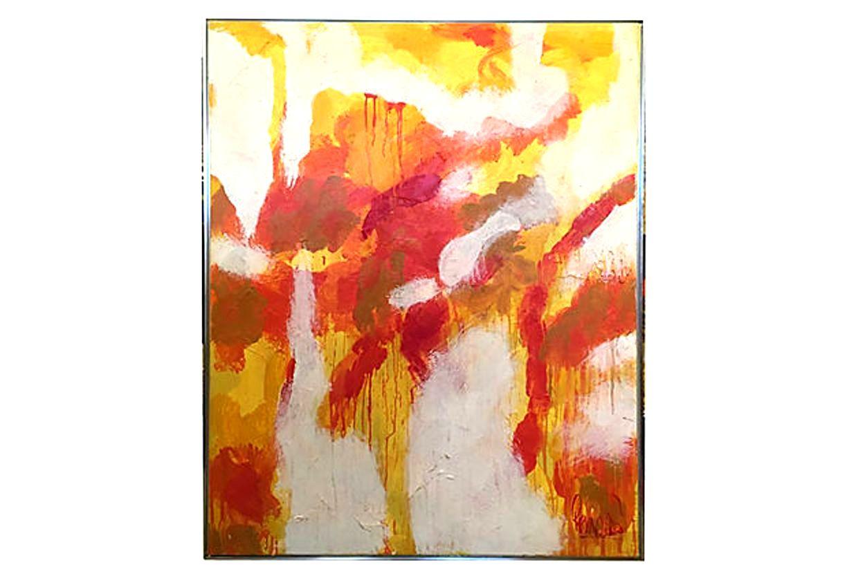 1960s original oil on canvas abstract painting by, Lee Reynolds. This large scale original piece of art features a bright white ground with vivid orange, yellow, red and pink impasto detail. Signed lower right, Reynolds.
In 1964, Artist Lee