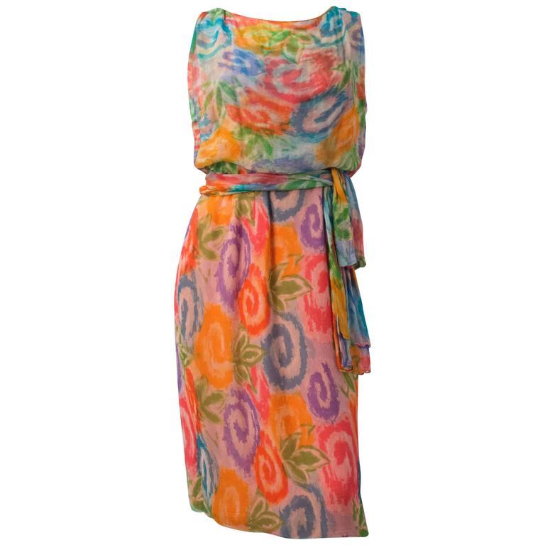 Brown 60s Painterly Swirl Floral Silk Chiffon Blouson Dress  For Sale