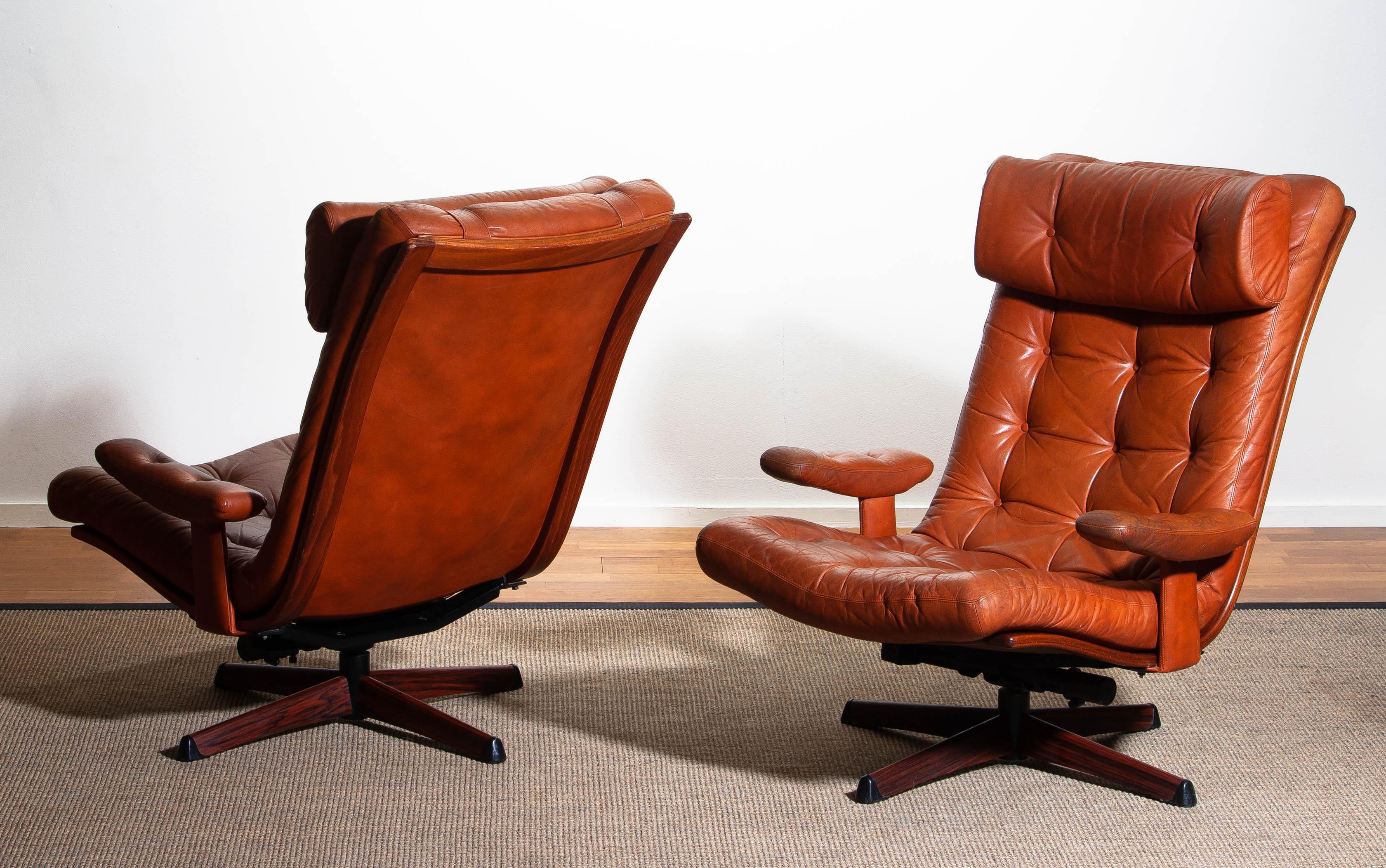Pair of Cognac Leather Swivel / Relax Lounge Easy Chairs by Göte Design Nässjö 8
