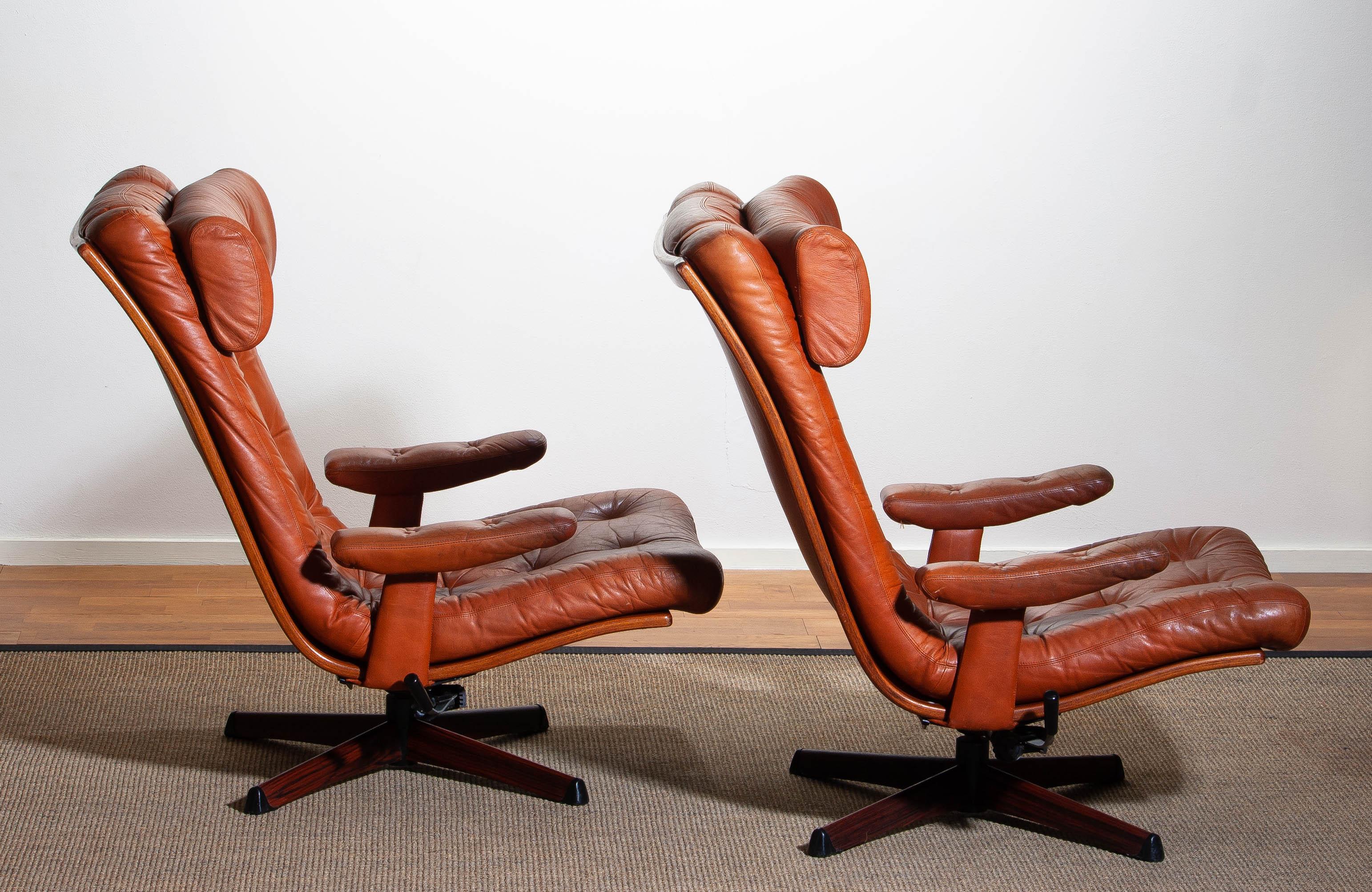 Pair of Cognac Leather Swivel / Relax Lounge Easy Chairs by Göte Design Nässjö 12