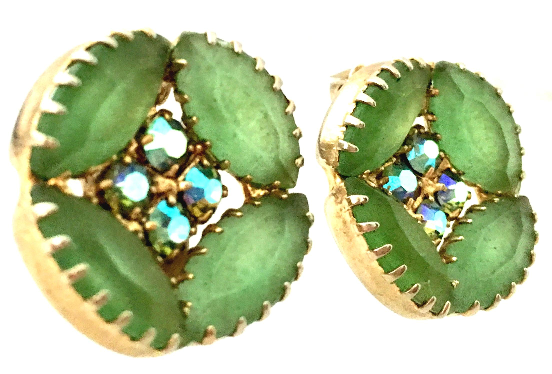 1960'S Gold Plate Prong Set Frosted Green Art Glass & Swaorovski Aurora Borealis Rhinestone Earrings.These clip style earrings feature 