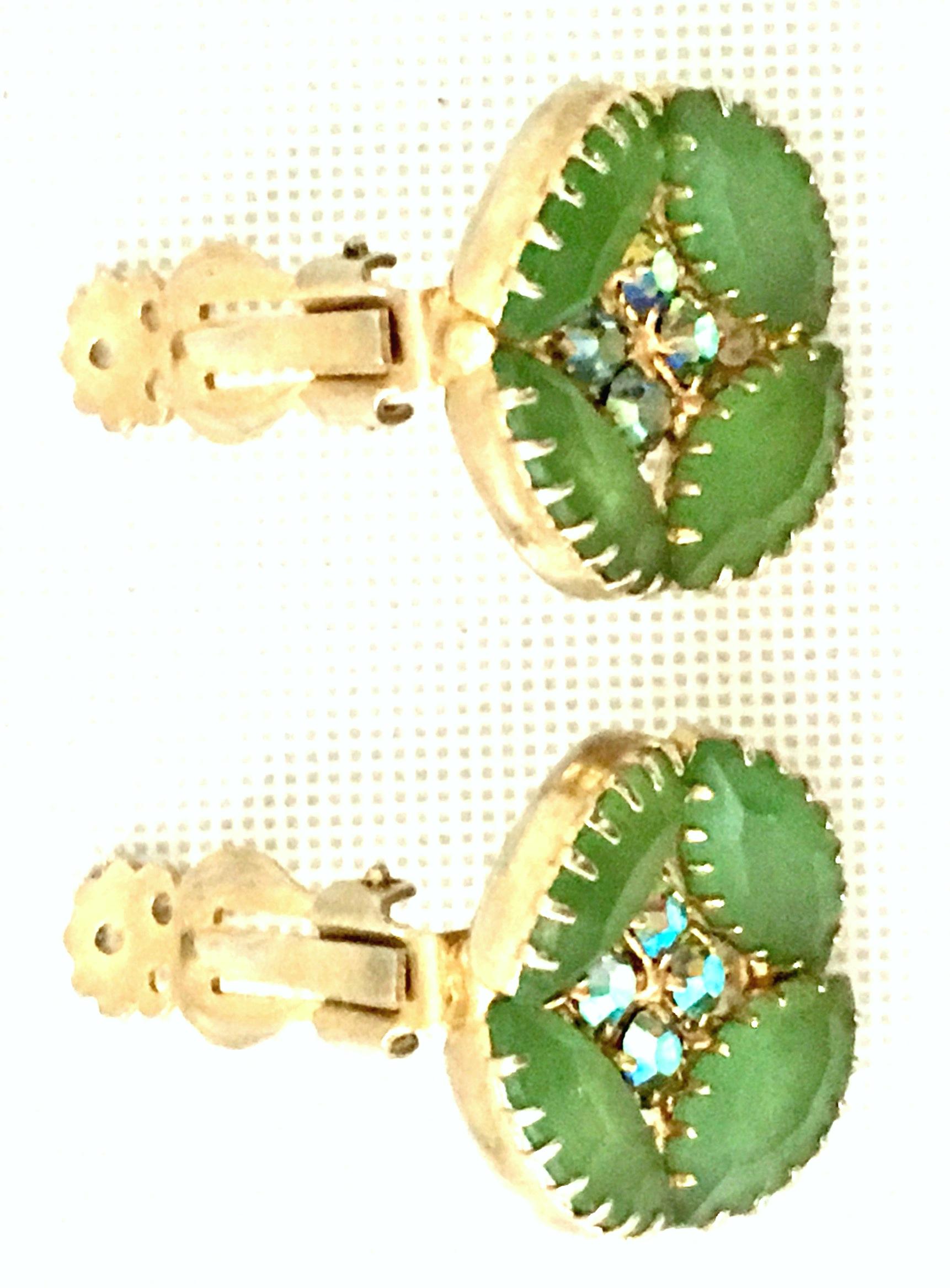 60'S Pair Of Frosted Art Glass & Swarovski Crystal Gold Tone Earrings In Good Condition In West Palm Beach, FL